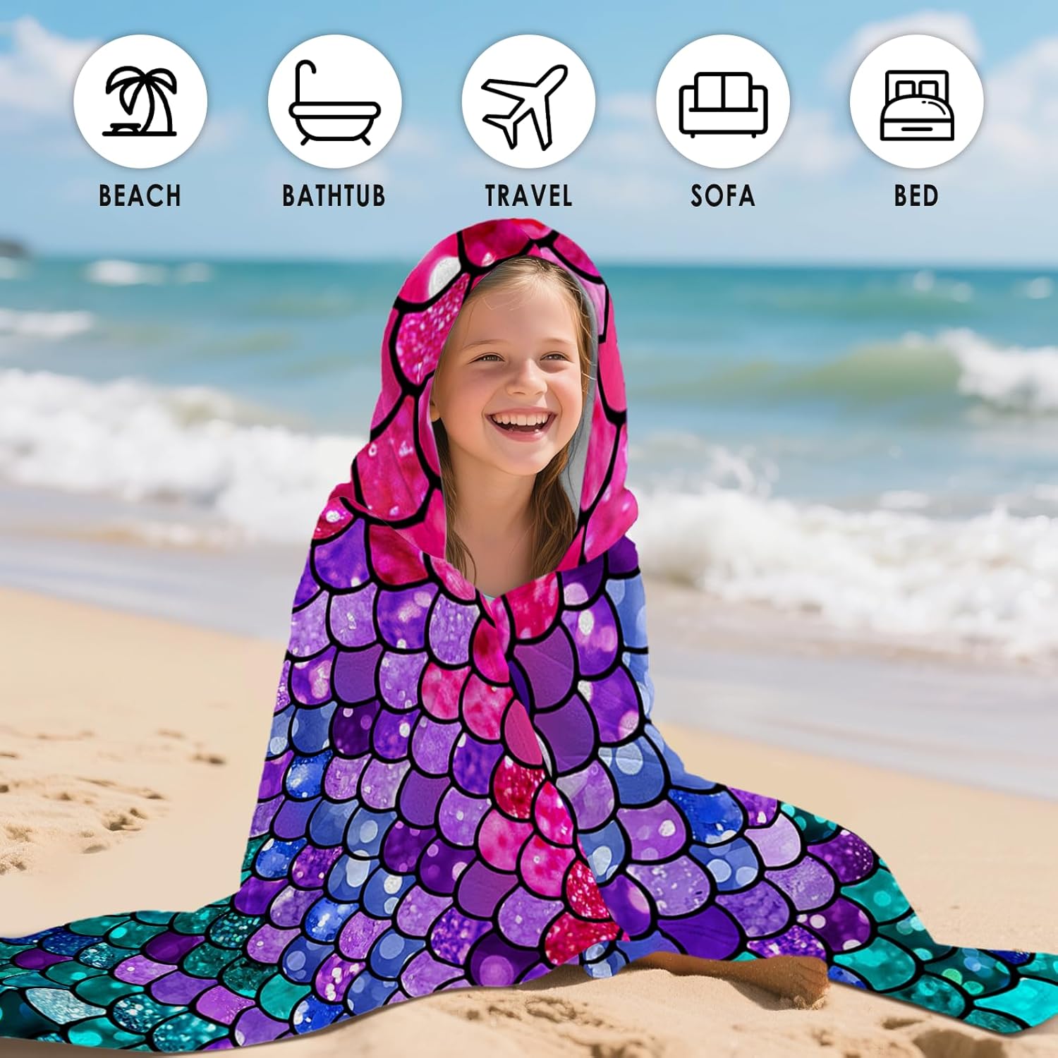Mermaid Hooded Beach Towel for Kids, Purple Hooded Towels for Toddlers 30" X 50", Kids Beach Towels for Pool, Travel, Swim, Scale Wearable Bath Towel for Toddlers, Girls Bath Towel with Hood - Image 6