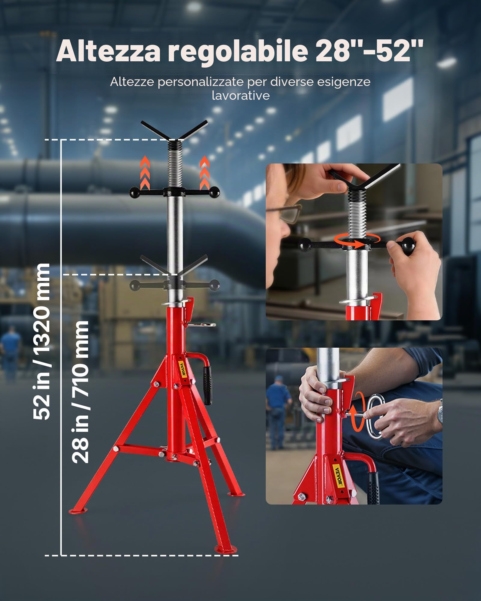 VEVOR Supporto per tubo da 4500 libbre Supporto per tubo con testa a V per sostenere il tubo durante la filettatura altezza regolabile fino a 52 pollici/132 cm