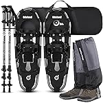 Odoland 4-in-1 Snowshoes Snow Shoes for Men and Women with Trekking Poles, Carrying Tote Bag and Waterproof Snow Leg Gaiters, Lightweight Aluminum Alloy Snow Shoes, Black, Size 30\'\'