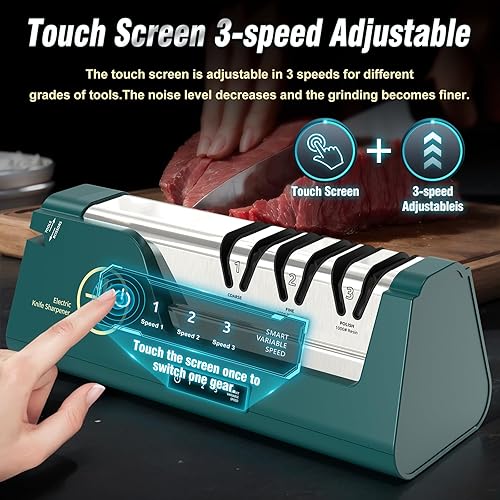 Miniatura 3 de Afilador de cuchillos eléctrico con abrasivos 100% de diamante y guías de ángulo de precisión y variable de 3 velocidades y pantalla táctil abierta
