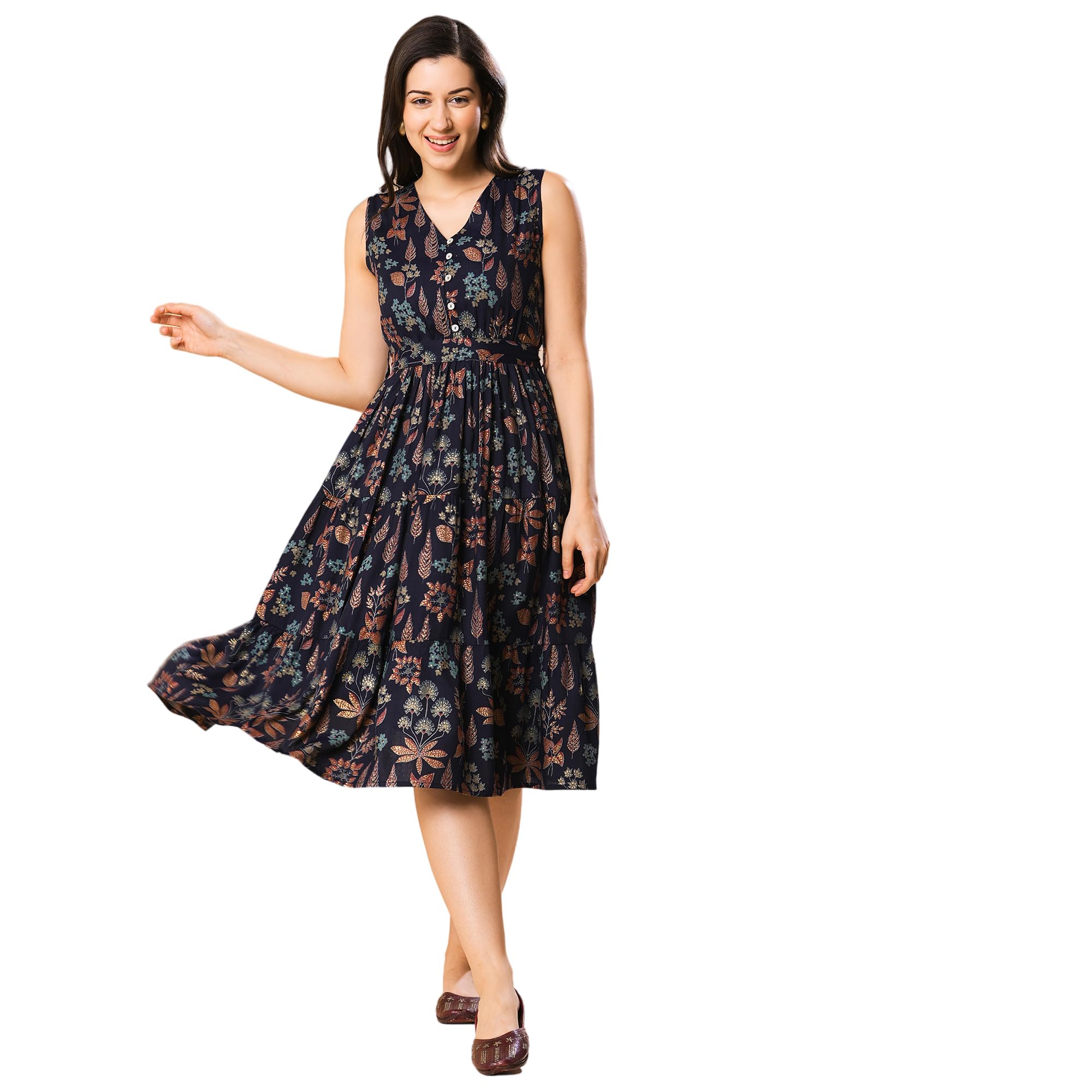 globus Women Floral V-Neck Waist Tie-Up Belted Tiered Fit & Flare Midi Dress-picture-44