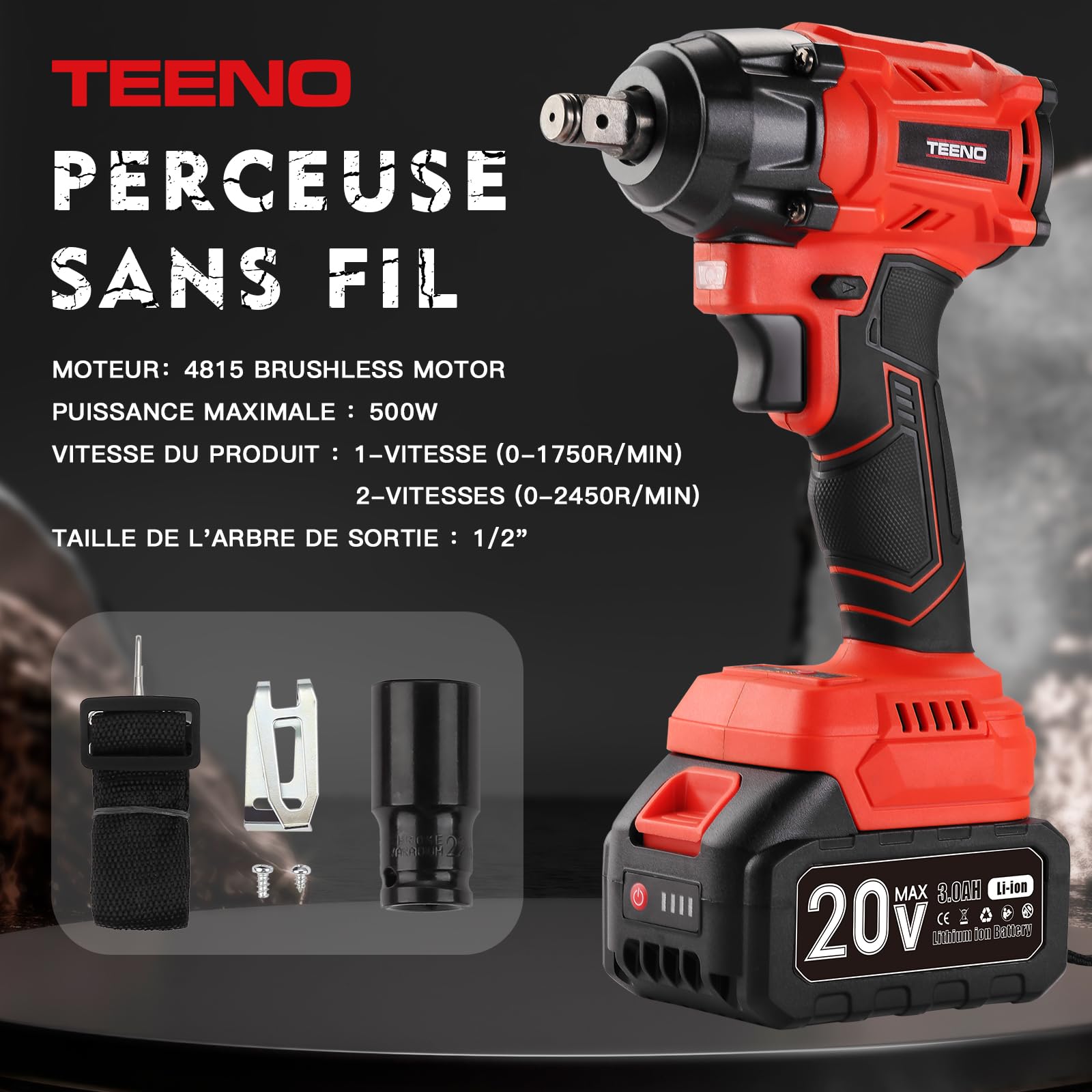 Kit d'outils TEENO 3 pièces (meuleuse d'angle sans balais + clé sans balais + perceuse à percussion) Batterie 20 volts 3 Ah*2, convient pour la voiture et la maison