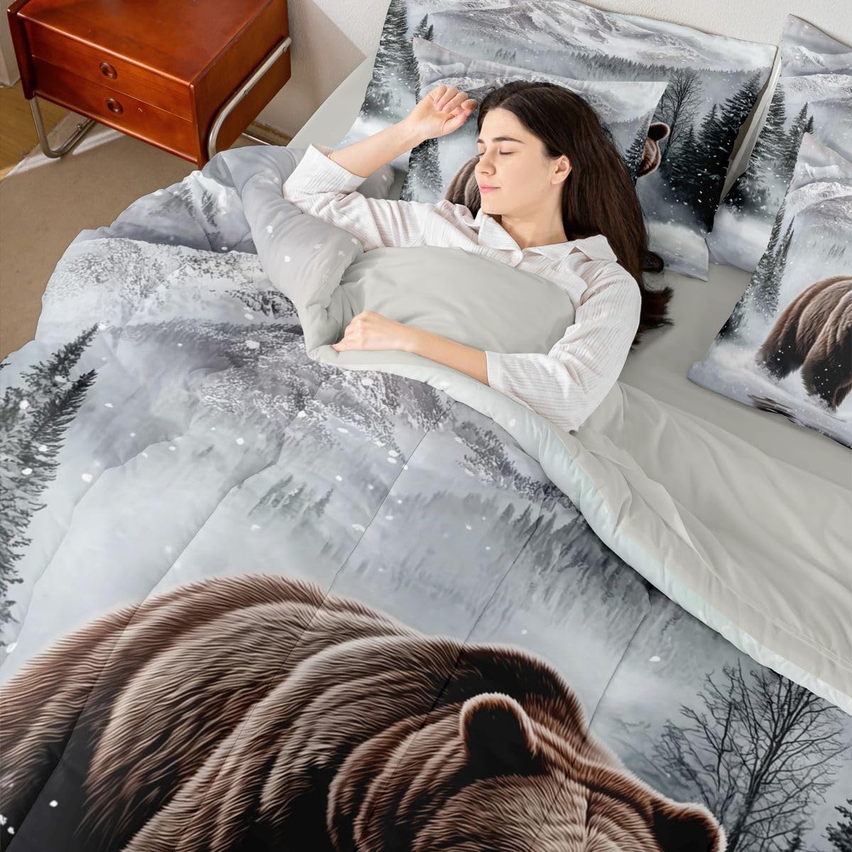 Erosebridal Bear 7 Pcs Bedding Set King Rustic Farmhouse Comforter Set with Sheets Wild Animal Jungle Hunting Bed in A Bag Cabin Countryside Wildlife Bedroom Decor