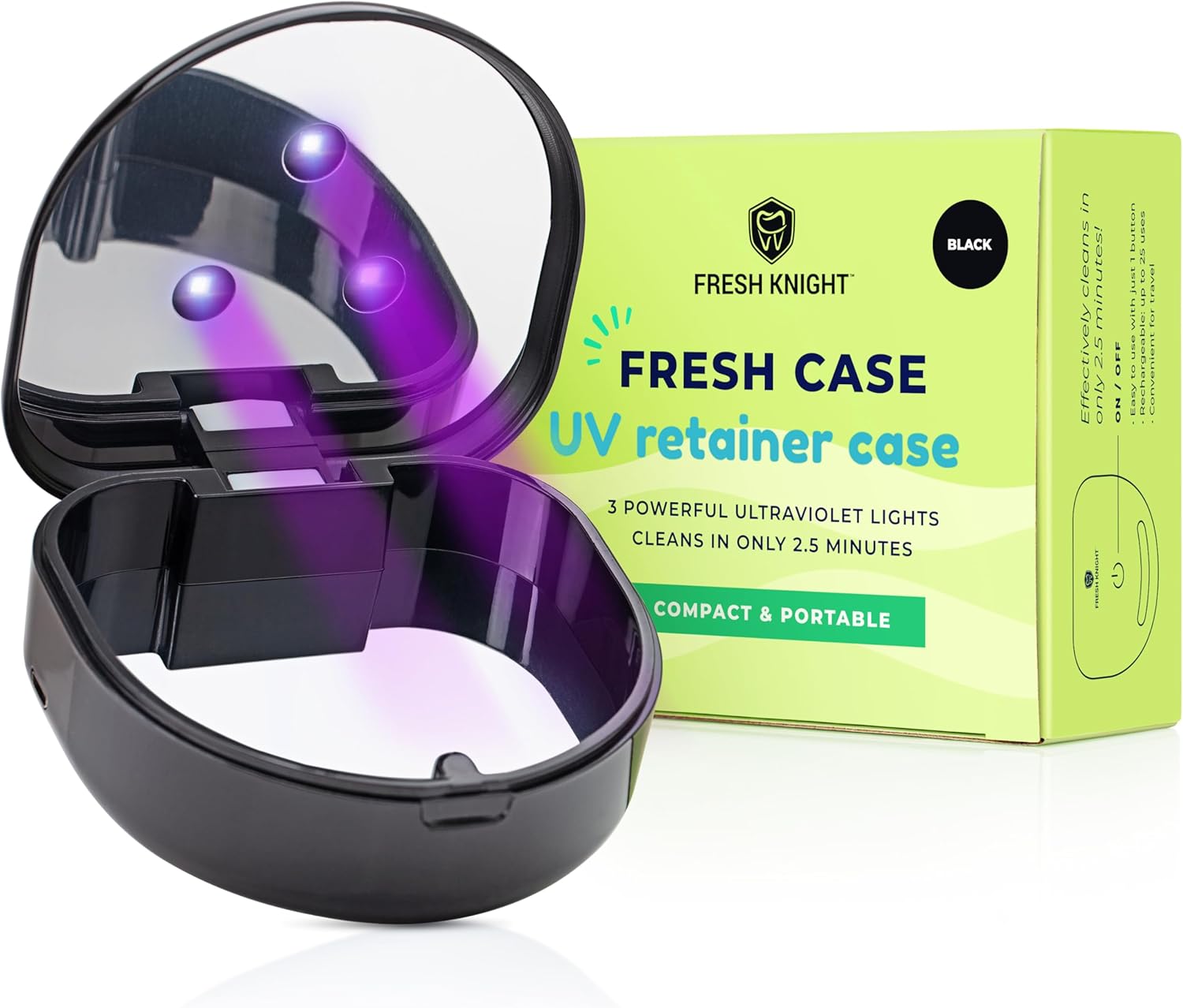 FRESH KNIGHT UV Retainer Case | UVC Retainer Cleaner, Disinfects Cleans and Removes Odors, Mouth Guard Case, compatible for Invisalign Container (Black-UV)