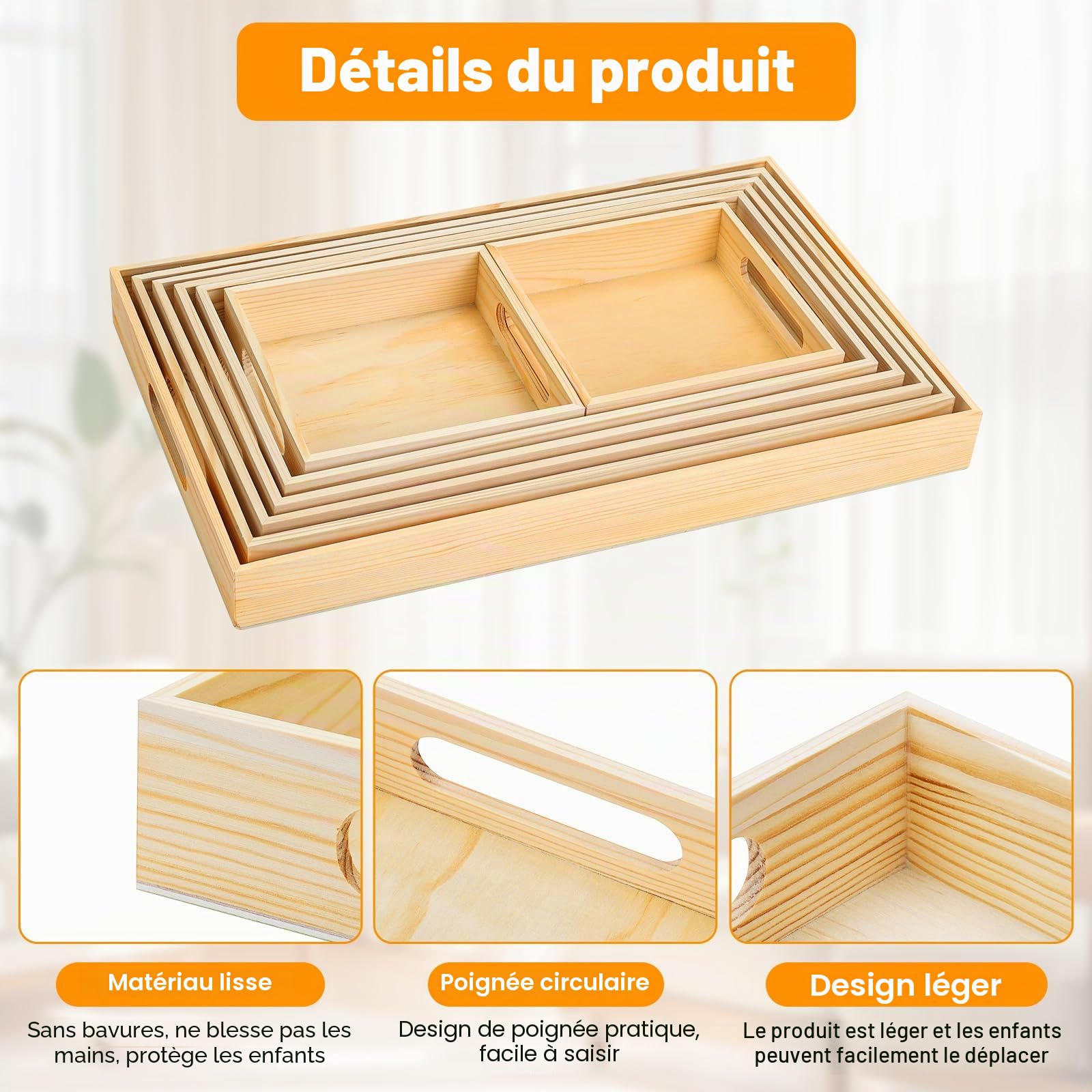 Plateaux de service en bois brut avec poignée – 7 plateaux imbriqués pour le petit déjeuner des enfants, collations Montessori, décoration, cuisine et fêtes