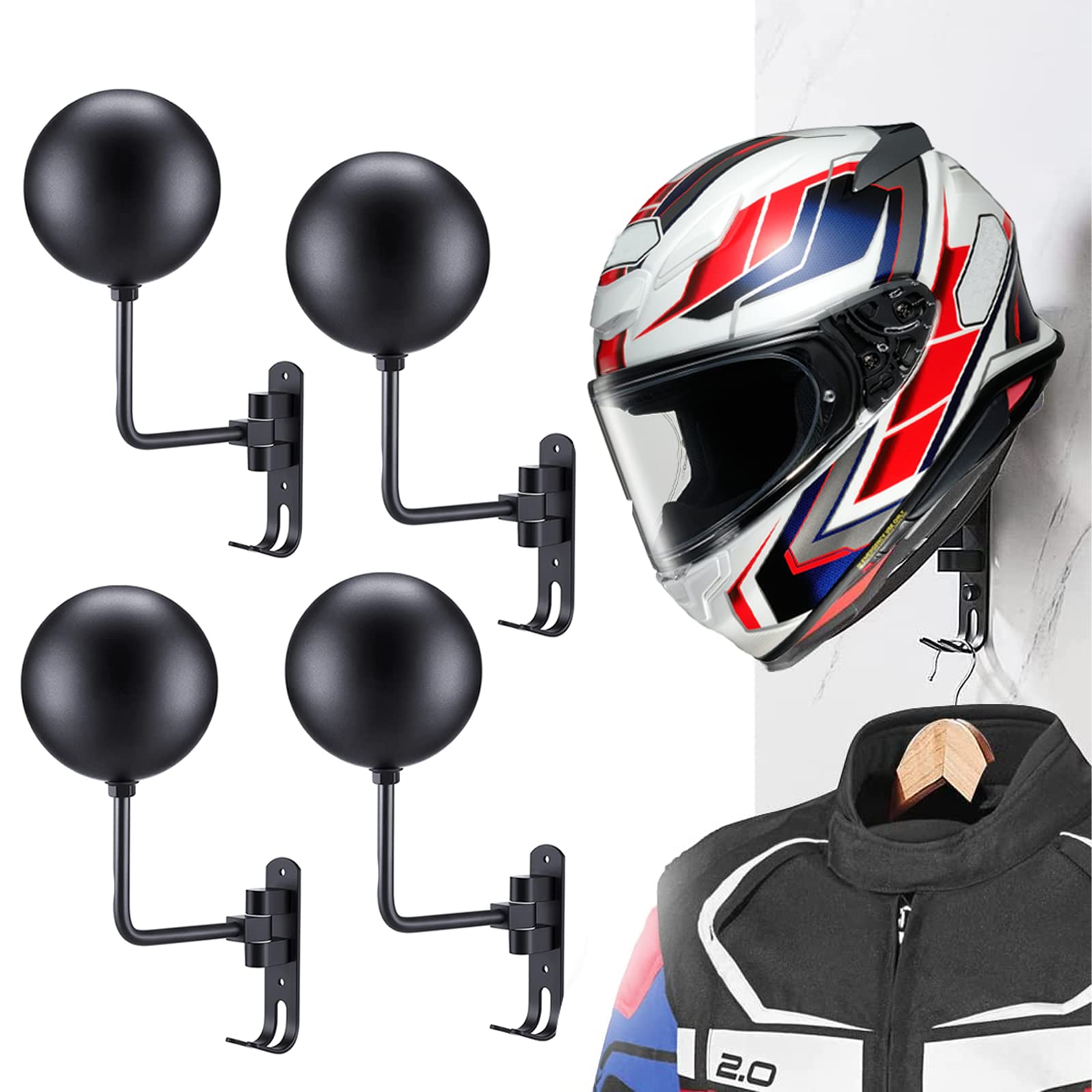 motofans Helmet Stand, Rotation Metal Helmet Holder Wall Mount, Helmet Holder Bike with 2 Hooks Helmet Hanger for Motorbike, Caps, Baseballs, Rugby Helmet (Black,4PCS) — image 1