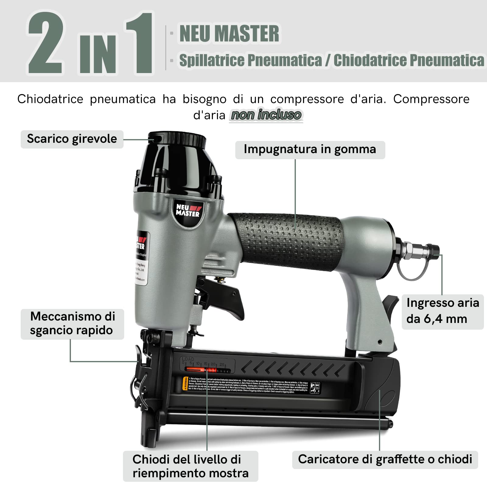 NEU MASTER Chiodatrice Pneumatica - 2 in 1 Sparachiodi Aria Pneumatica con 800 Chiodi e 200 Graffette,Graffettatrice Pneumatica con Occhiali di Protezione e Custodia in Plastica Portatile
