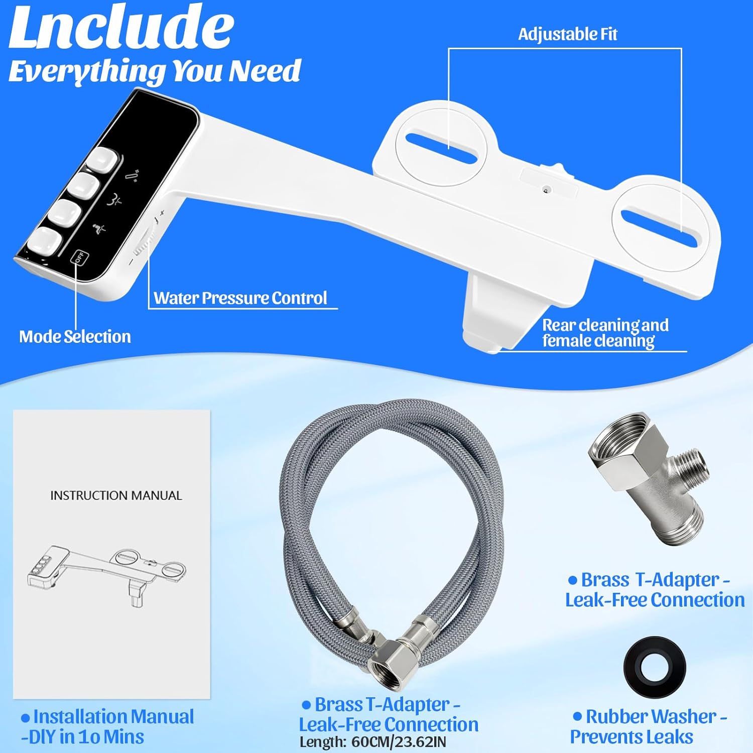 Bidet Attachment for Toilet,Non-Electric Bidet Attachments with Independent Adjustable Water Pressure,Retractable Self-Cleaning Nozzles for Feminine and Rear Washing-Black