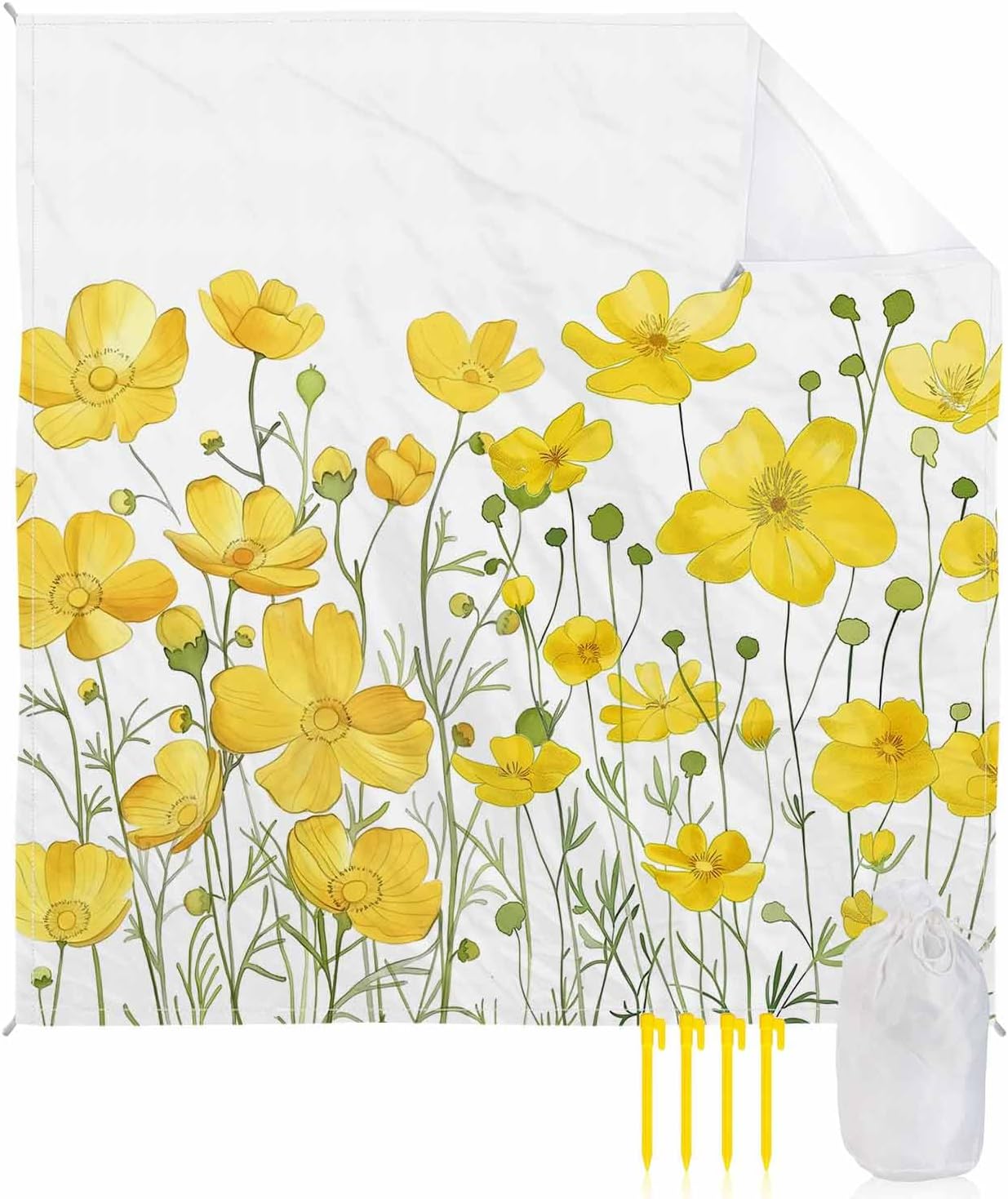 Watercolor Yellow Blossom Flower Beach Blanket Waterproof Sandproof Outdoor Picnic Mat 83"x79" Garden Floral Plant on White Lightweight Large Beach Blankets with 4 Stake & 4 Corner Pockets