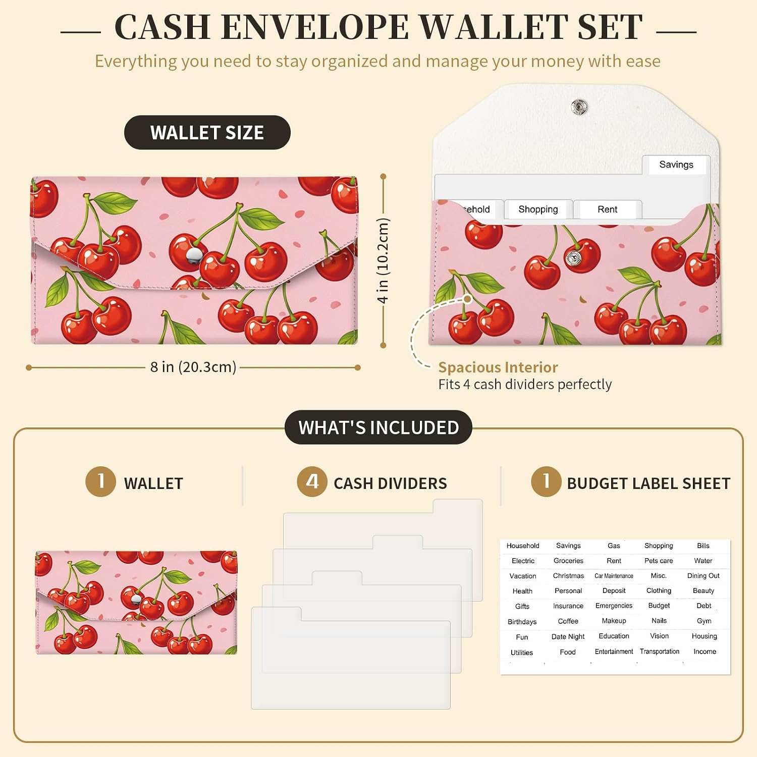 Cash Envelope Wallet for Budgeting, PU Leather Money Organizer for Cash Saving, Reusable Envelopes with 4 Dividers & Sticker Labels, Portable Cute Money Holder Cherry Pattern image 5