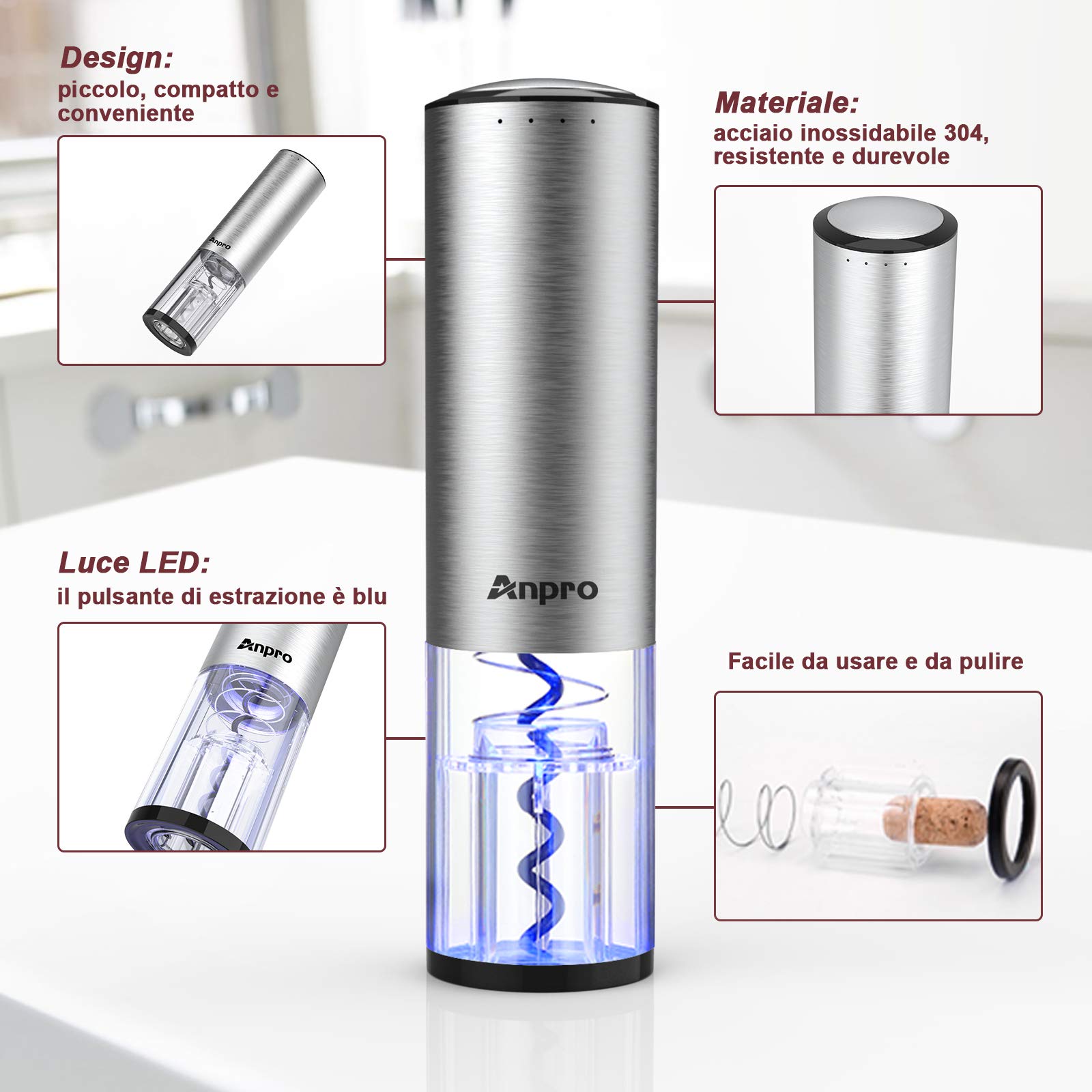 Anpro Cavatappi Elettrico Automatico Set con Versatore Vino, Taglierina, Tappo Sottovuoto