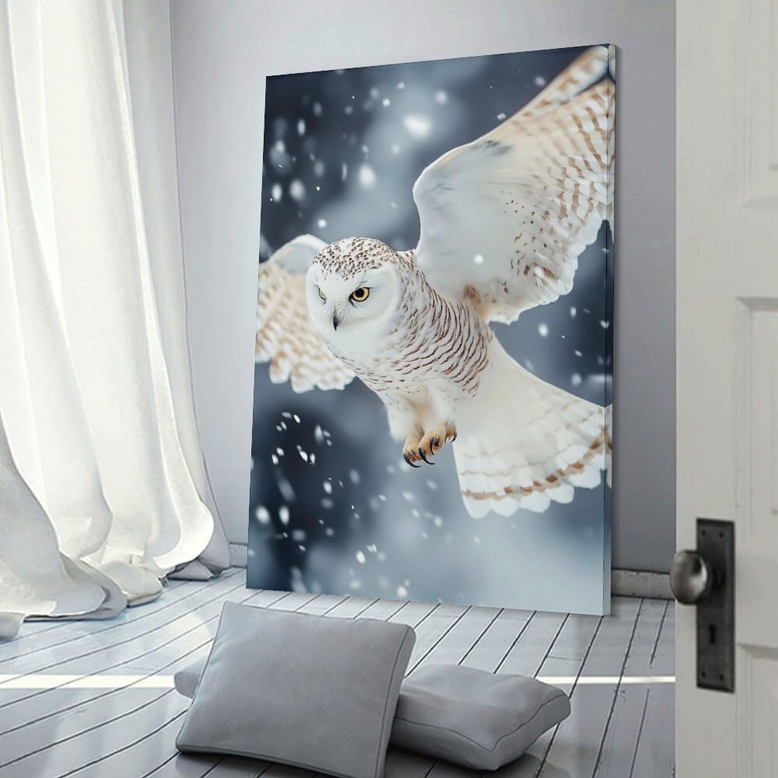 Junmoney Snowy Owl in Flight Hanging Wall Art 24x36inch(60x90cm), for Lounge, Bedroom Or Personal Spaces, Home Decor Gift with Stylish Appeal