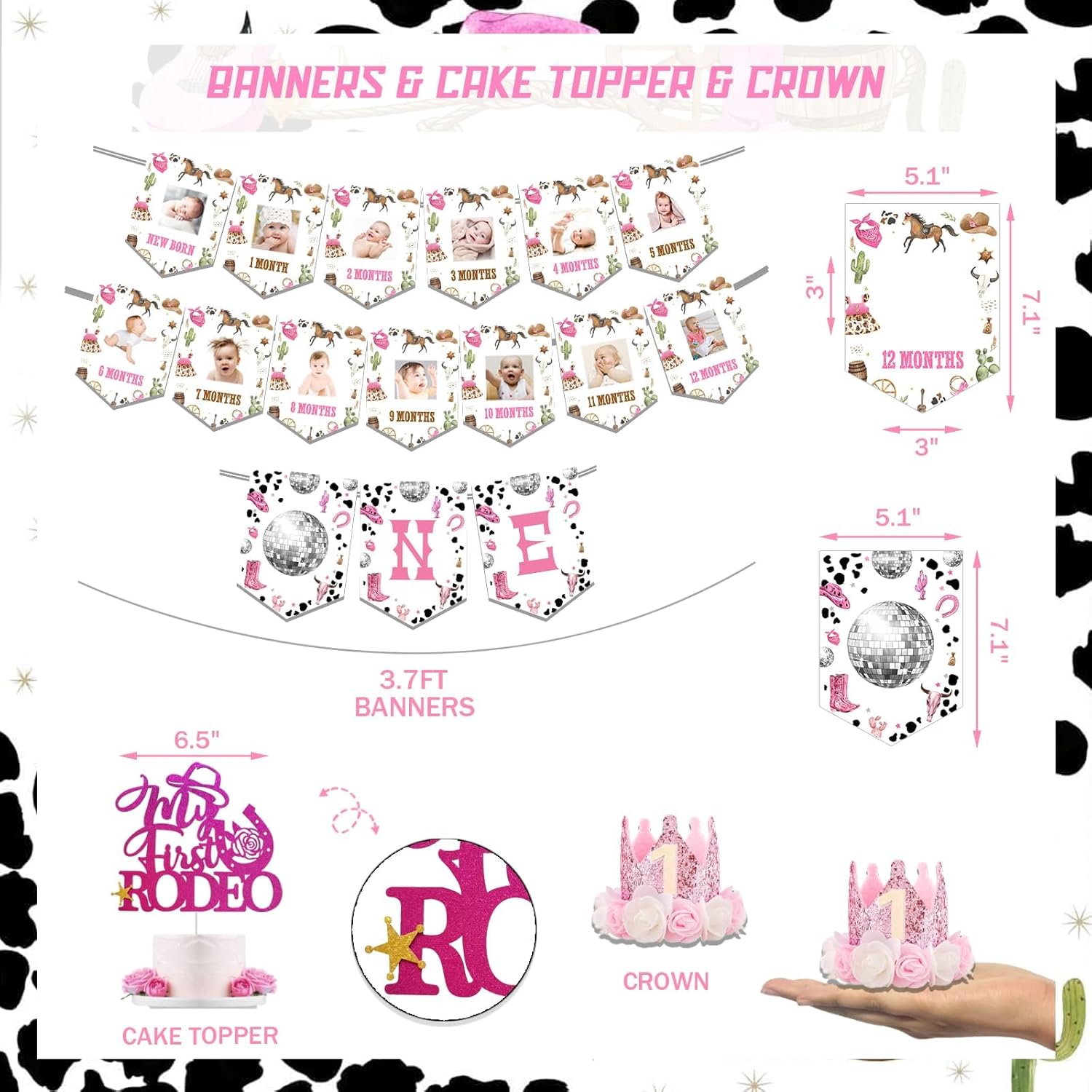 First Rodeo Birthday Party Decorations Girl, Pink Western Cowgirl 1st Birthday Decorations Backdrop Balloon Garland Banner Tablecloth Cake Topper Box Cutout Crown Poster 123 PCs - Image 3