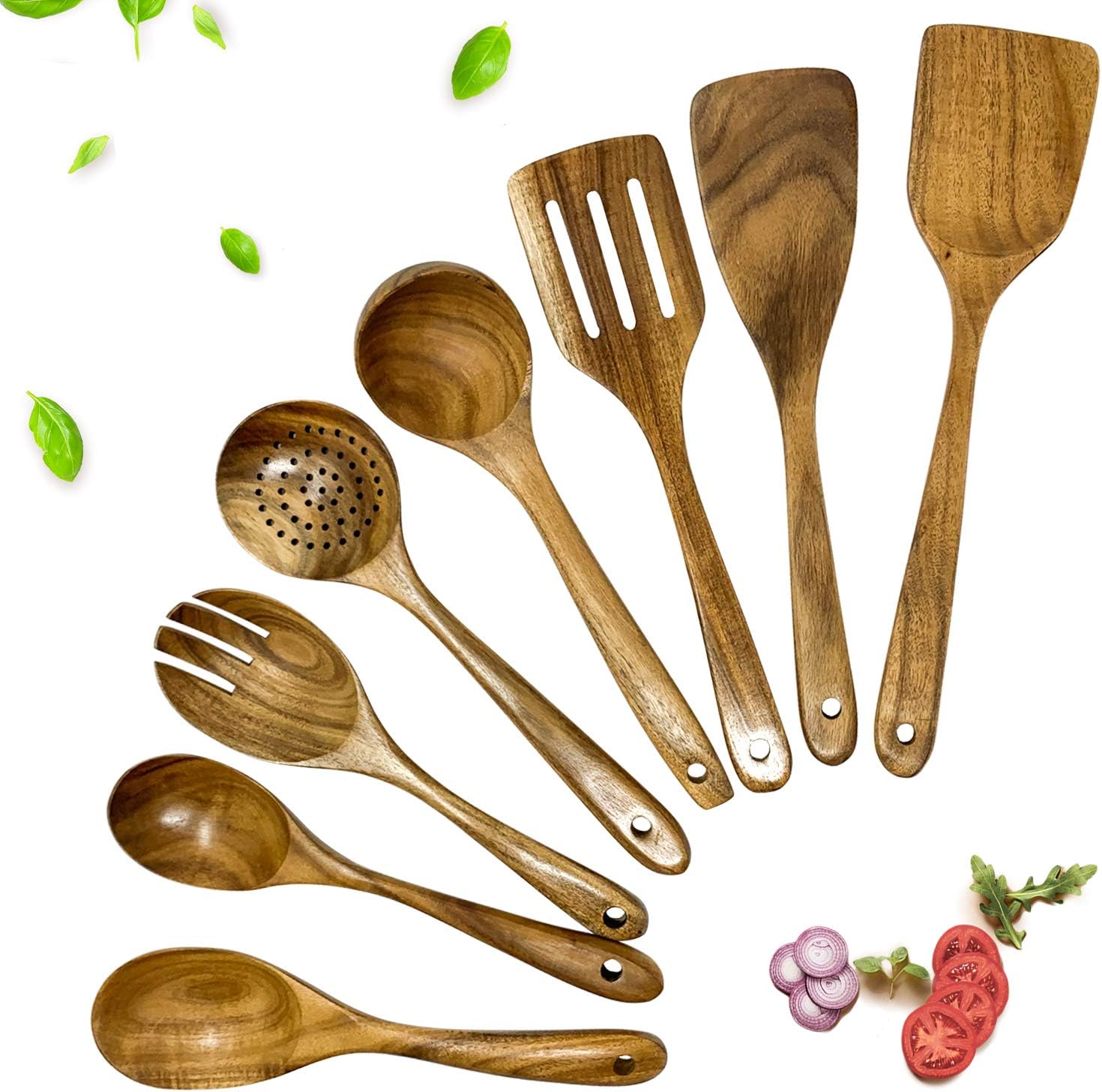 Wooden Utensils for Cooking – 8 Pcs Natural Teak Wooden Cooking Utensils, Wooden Kitchen Utensil Set, Wooden Spoons for Cooking, Kitchen Cooking Utensils Set, Slotted Spoons for Cooking