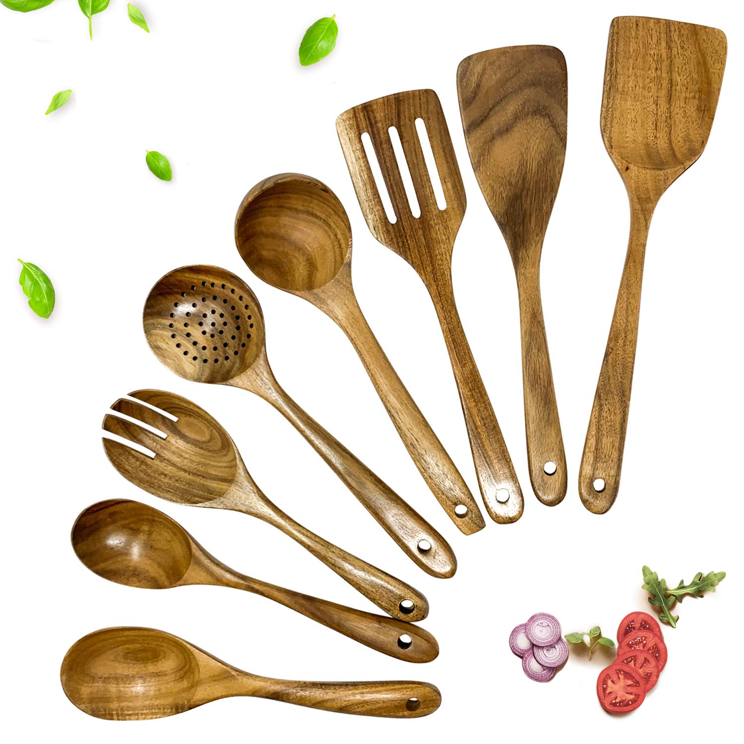 Wooden Utensils for Cooking – 8 Pcs Natural Teak Wooden Cooking Utensils, Wooden Kitchen Utensil Set, Wooden Spoons for Cooking, Kitchen Cooking Utensils Set, Slotted Spoons for Cooking