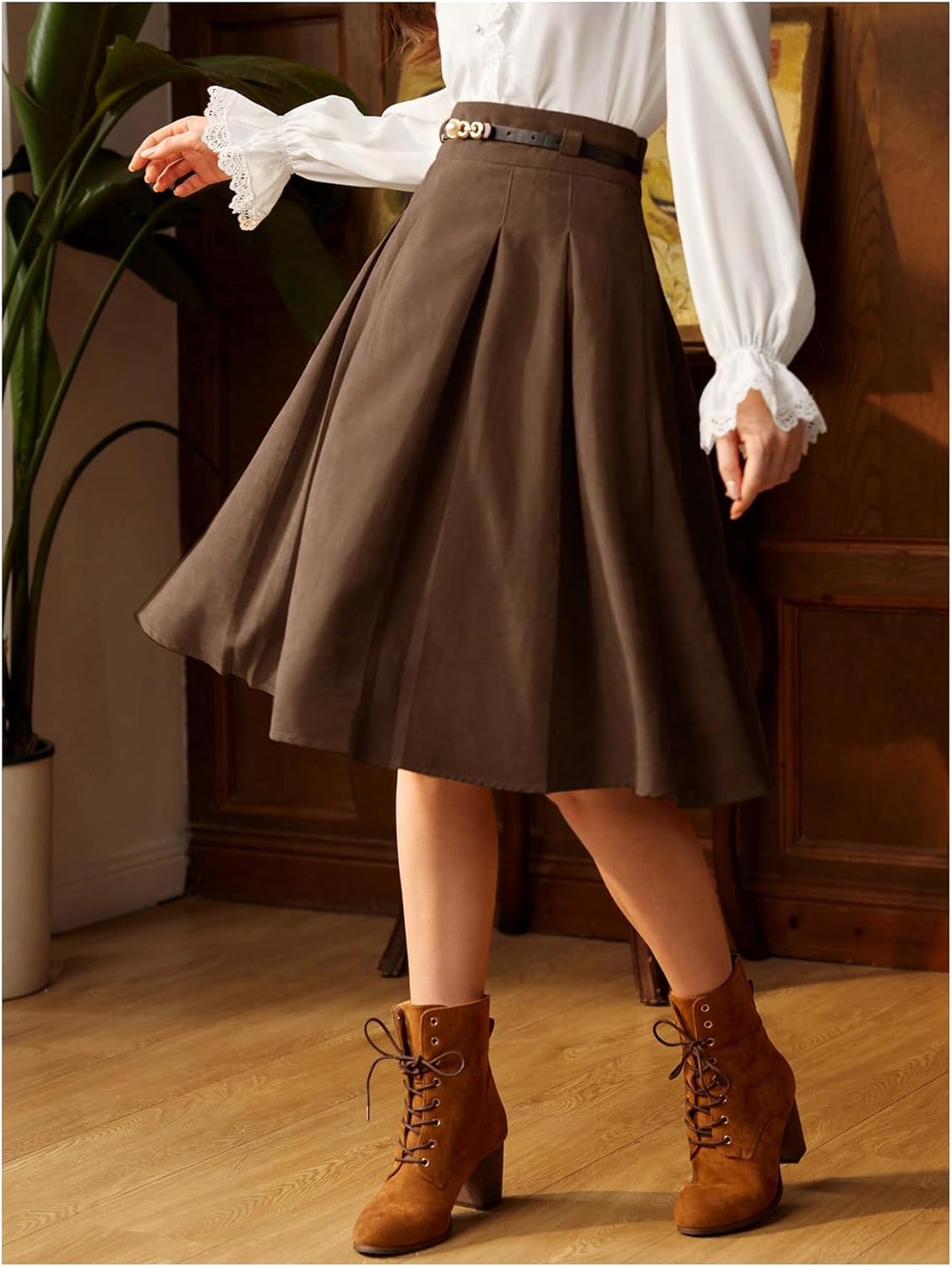 SHENHE Women's Fall High Waist Elegant Knee Length Skirt A Line Pleated Flowy Dressy Work Skirt - Image 2