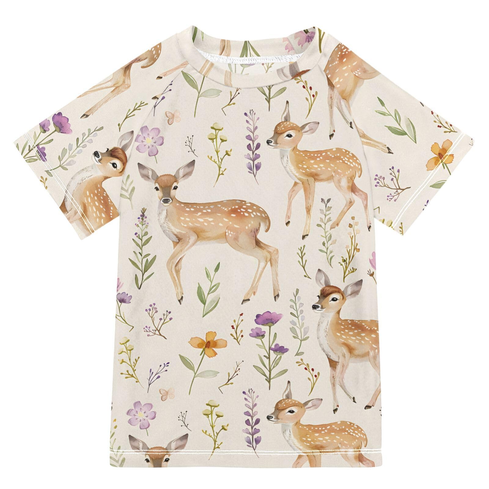 ALAZA Kids Rash Guard Boys Toddler Swim Shirts Short Sleeve Deer Flowers UPF 50+ 3T