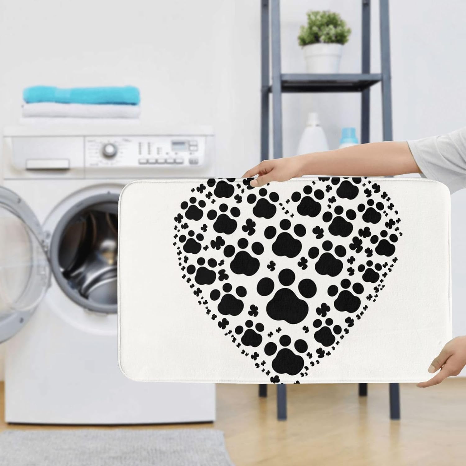 OUSIKA Dog Paw Print Love Heart Print Bathroom Rugs Sets 3 Piece Non Slip Bath Mats U-Shaped Contour Mat and Toilet Lid Cover Soft Microfiber Bath Floor Mats Absorbent Shower Mat