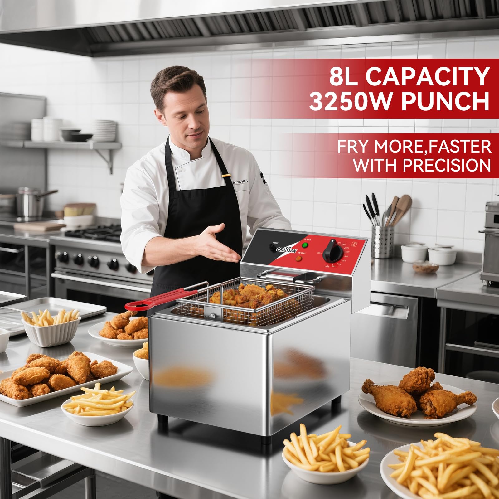 CROSSON 8L Professionelle Elektrische Fritteuse,3250W Kommerzielle Elektrische Fritteuse aus Edelstahl mit Korb, Temperaturkontrolle 80-200°C Schnelles Erhitzen für Restaurant und Zuhause