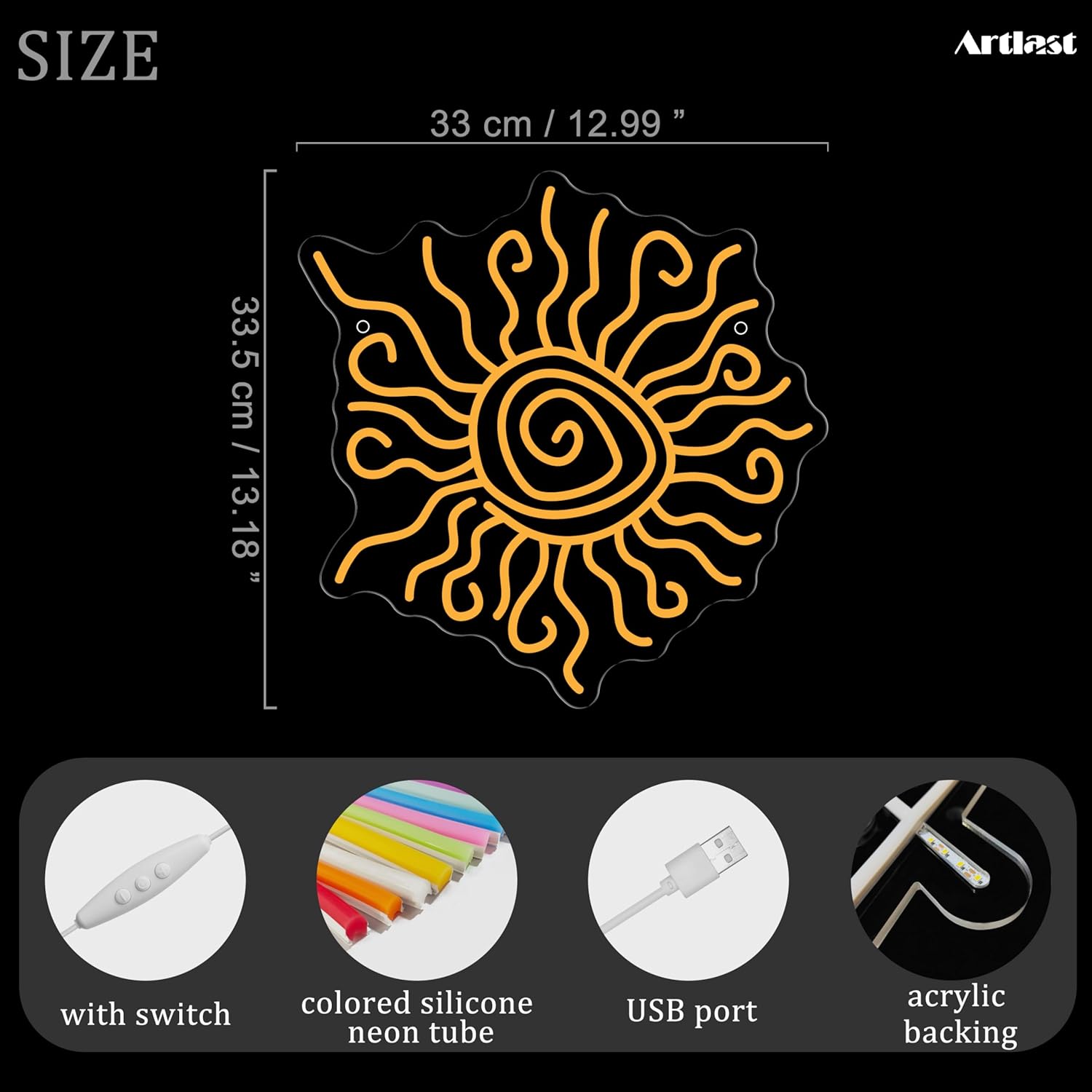 Twisted Sun Neon Sign LED Neon Sun Light Yellow Decor for Bedroom Living Room Dorm Bohemian Spaces USB Powered Dimmable Light Up Sign (13.18x12.99 Inches)