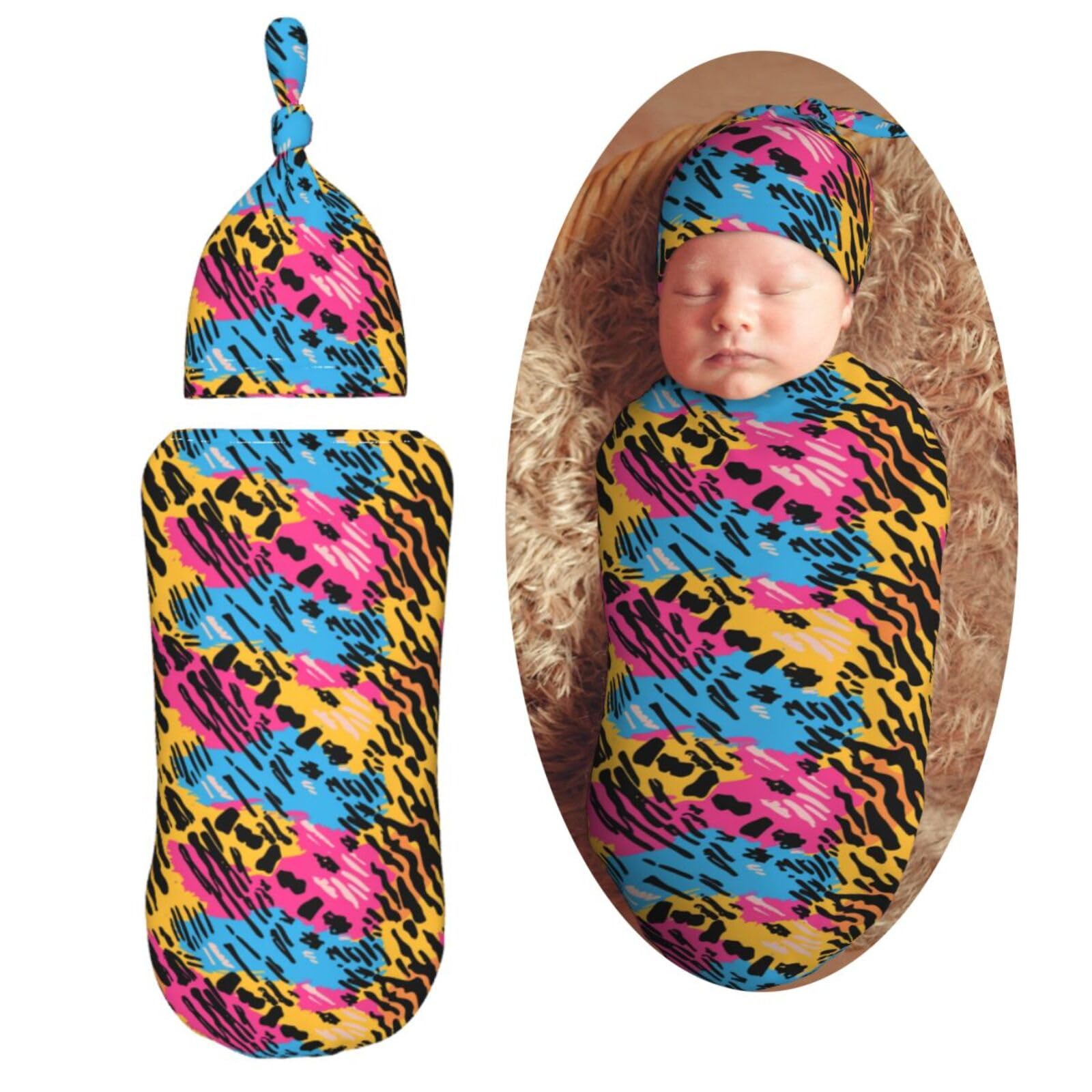 80s_90s Animal Funny Skin Print Newborn Swaddle Blankets Hat Sets Soft Baby Receiving Blanket Swaddle Sack for Baby Shower Infant Boy Girl Gift
