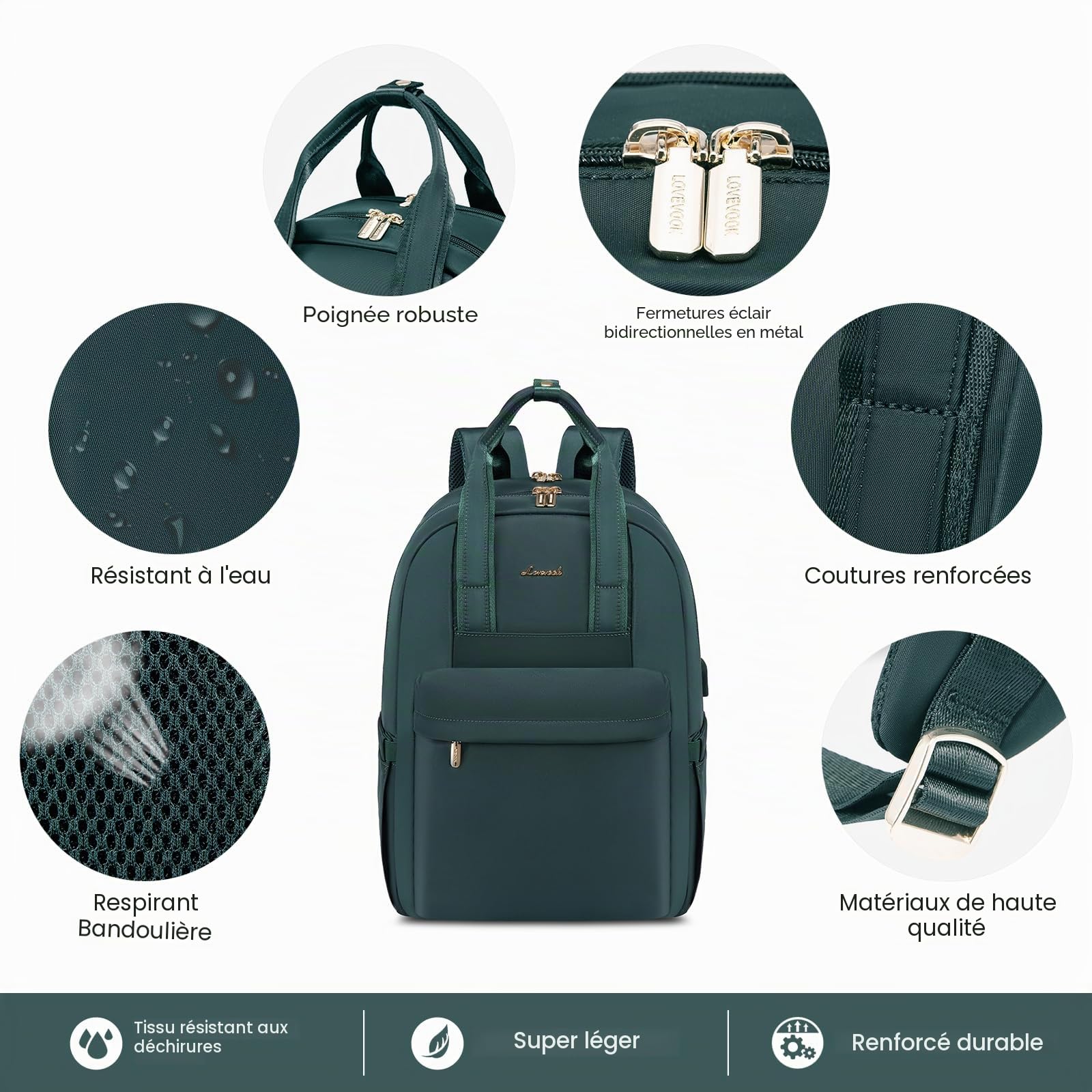 LOVEVOOK Sac à dos pour femme avec compartiment pour ordinateur portable - Étanche - Sac à dos de voyage élégant - Pour l'université, le bureau, les voyages, Vert foncé, 15.6 inches, Décontracté