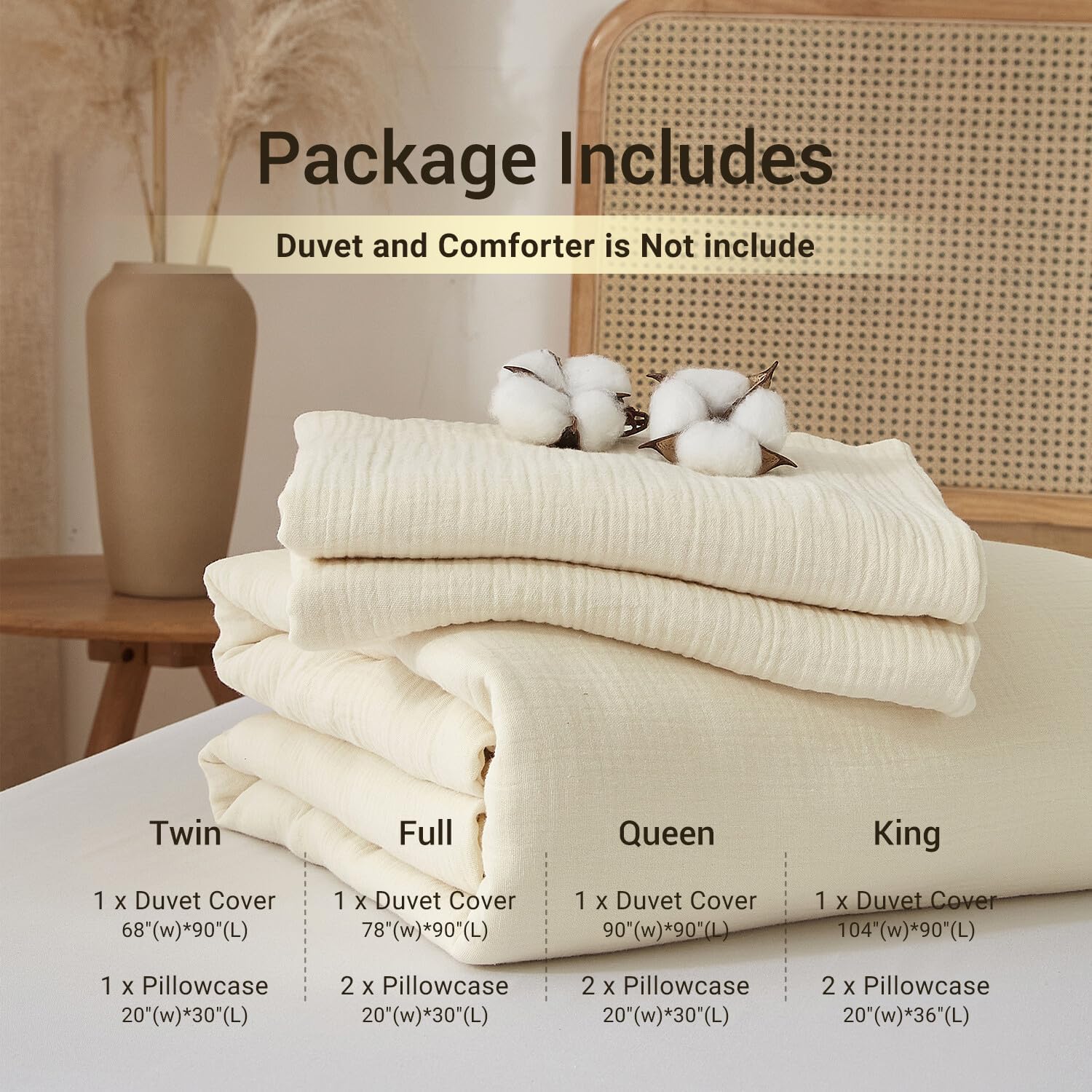 100% Cotton Muslin Duvet Cover Set Twin Size Beige, Ultra Soft Breathable Absorbent Gauze Bedding Duvet Cover, Luxurious Minimalist Natural Wrinkle Linen Textured Comforter Cover 68" x 90"