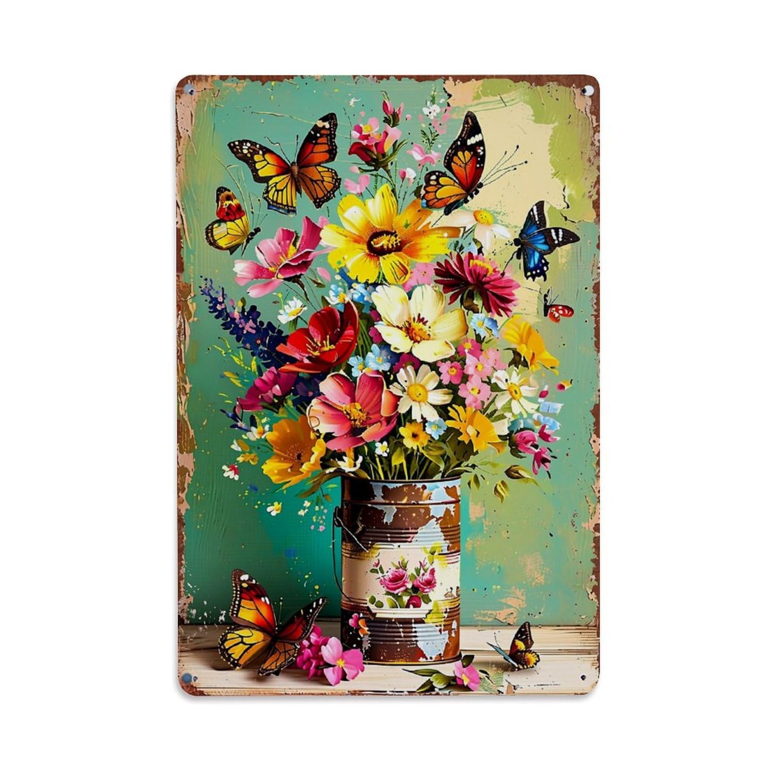 Jdfenggu Vintage Floral Butterflies Tin Vase Retro Metal Tin Sign, Decor Art Poster For Bar, Home, Man Cave, Kitchen, Laundry Room Gift 8X12inch