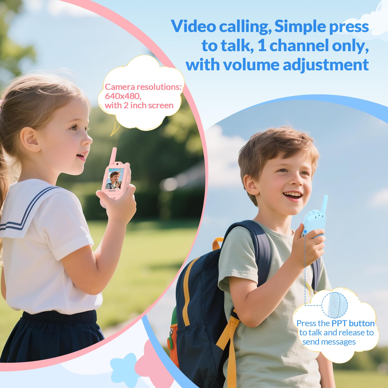 Mafiti mini vidéo walkie talkies jouets pour 3 4 5 6 7 8 ans garçons filles mini vidéo walkie talkies pour enfants lot de 2 rechargeable 1000 pieds plage anniversaire intérieur extérieur (Bleu + Rose)