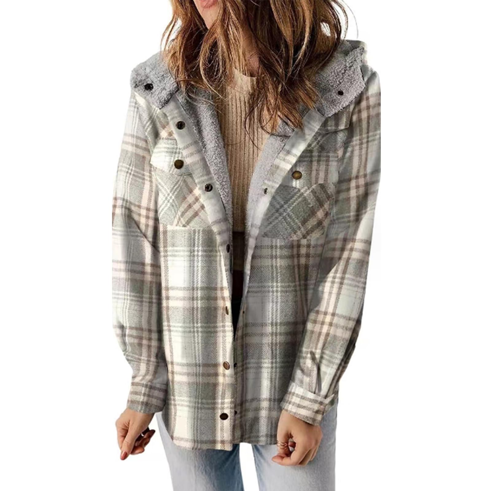 Abrigo Con Capucha Y Botones En La Parte Delantera Con Estampado A Cuadros Exclusivo Para Mujer 2024, Chaqueta Con Capucha A Cuadros Para Mujer, Chaquetas Con Capucha A Cuadros