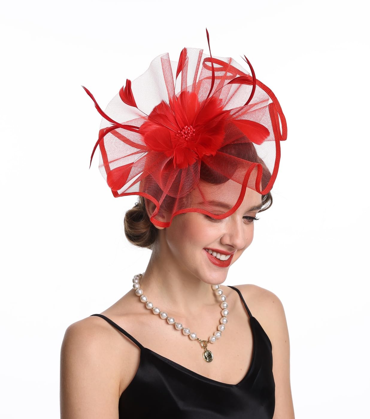 Fascinator Hat Mesh Net Veil Party Hat Flower Hat Clip and Hairband for Women (A1-Large Mash Red)