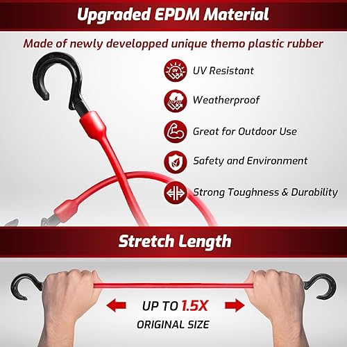 Miniatura 5 de Roblock Cuerdas elásticas resistentes con ganchos para exteriores, 10 piezas incluyen 13, 15.5, 18, 22 pulgadas, cuerdas Bunjee de varios tamaños