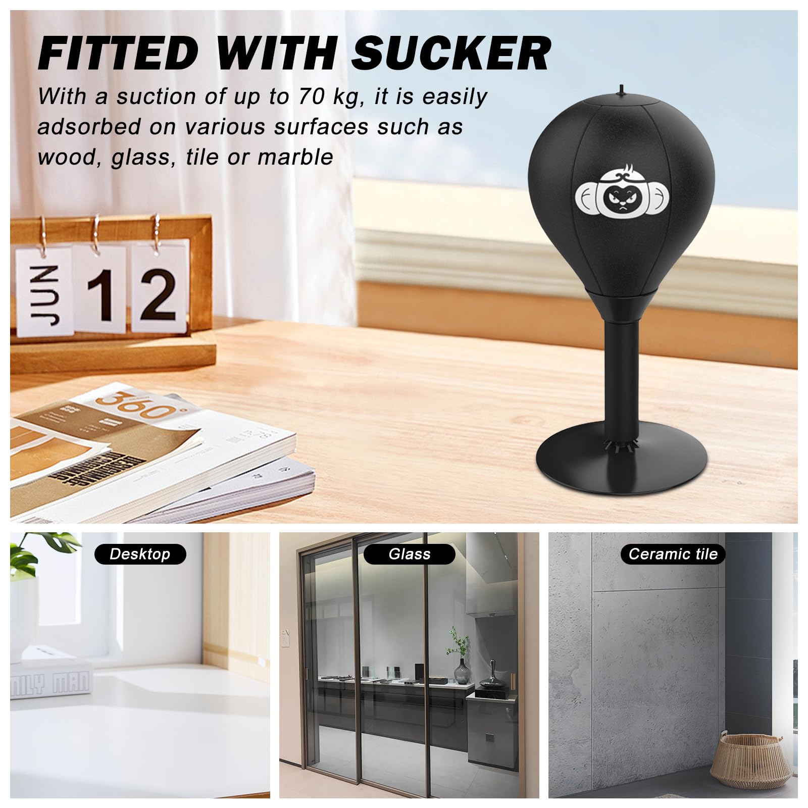 Sac de frappe de bureau avec ventouse, punching-ball de table anti-stress Noir