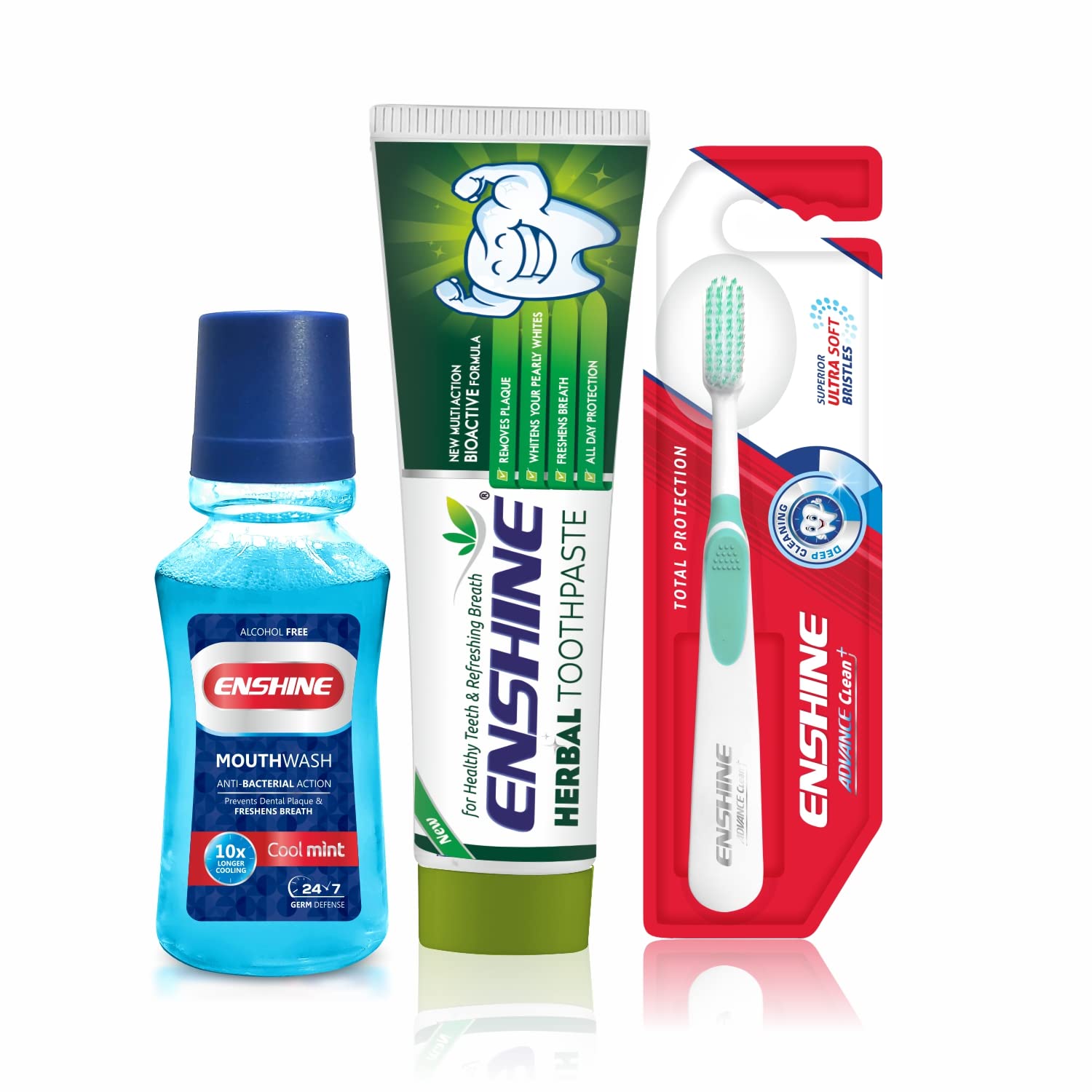 Enshine Oral Care Combo Pack of 3- Herbal Toothpaste(100g) for Healthy Teeth|Cool Mint Mouthwash (150ml) and Advance Toothbrush with Tongue Cleaner|Helps to Make Teeth White and Remove Food from Teeth (B08TX6874H) Amazon Price History, Amazon Price Tracker
