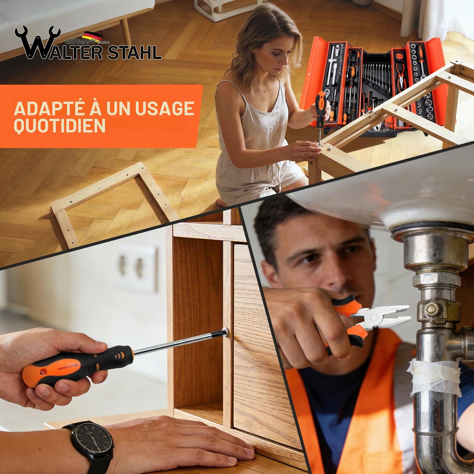 Walter Steel Caisse à Outil Complète 85 Pièces, Chrome Vanadium | Complète Portable avec Tournevis et Pinces - Kit d’Outils Idéal pour Maintenance Quotidienne à la Maison ou au Garage Orange