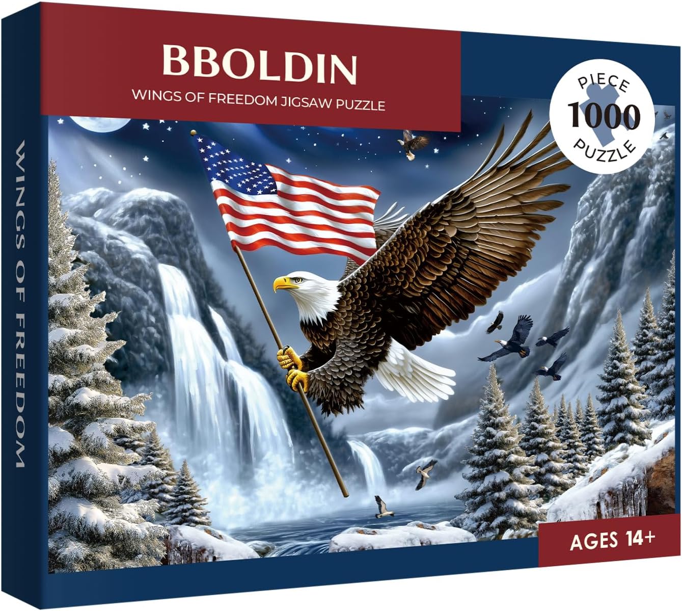 United States Flag Eagle Puzzle 1000 Piece for Adults, Winter Snow Mountain Landscape Jigsaw Puzzle, Americana Waterfall Starry Sky Nature Animal Puzzles