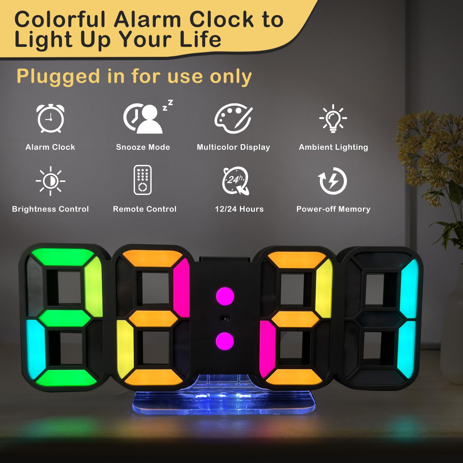 Seutgjie 3D LED Digitalwecker, Tischuhr/Wanduhr Digital Uhr 14 RGB Farbwechsel 12/24 Stunden 3 Helligkeitsanpassungen Nachthelligkeitsmodus Schlummermodus mit Fernbedienung Schwarz