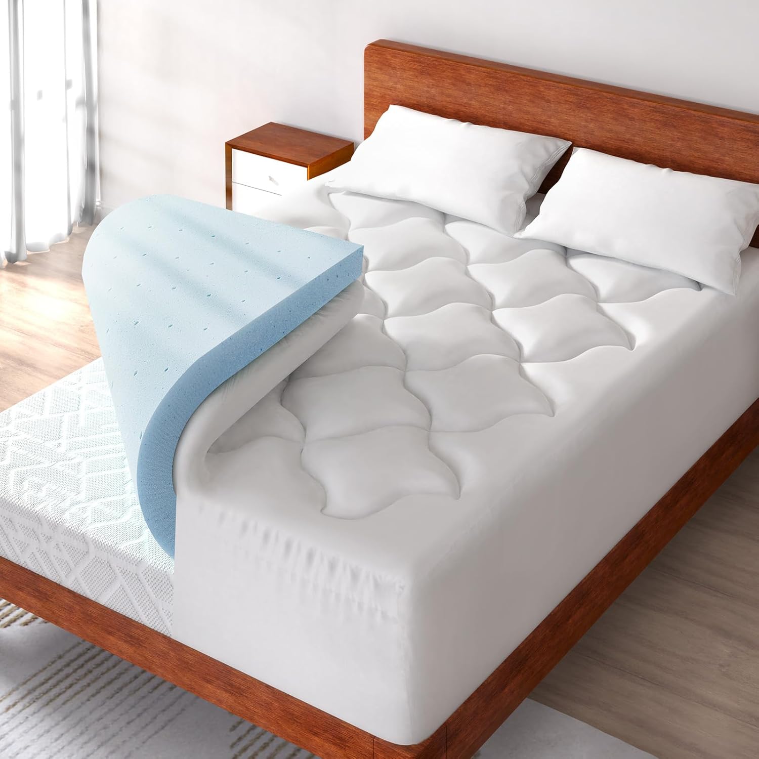 4 Inch Pillow Top Memory Foam Mattress Topper Queen, Dual Layer 2 Inch Gel Memory Foam Plus 2 Inch Pillow Top Cover, White 4 Inch Pillow Top Memory Foam Mattress Topper Queen, Dual Layer 2 Inch Gel Memory Foam Plus 2 Inch Pillow Top Cover, White