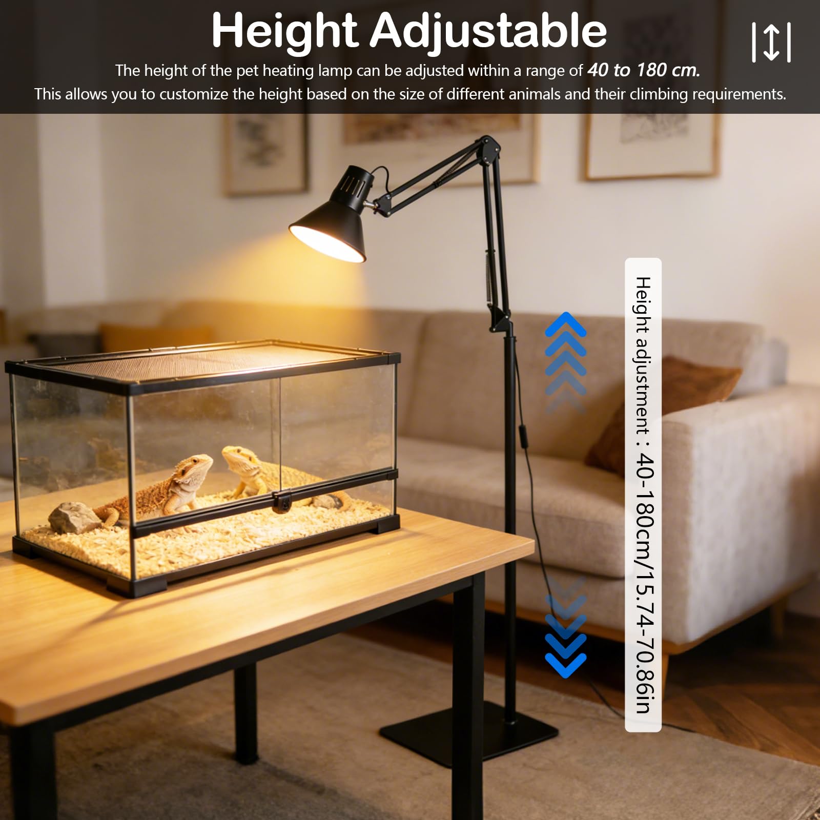 Supporto per Lampada Riscaldante per Rettili con Paralume, 40 - 180 cm Regolabile con Braccio Girevole a 360°, Supporto per Lampada da Terra Compatibile E27 per Tartaruga Acquari Terrari e Piante