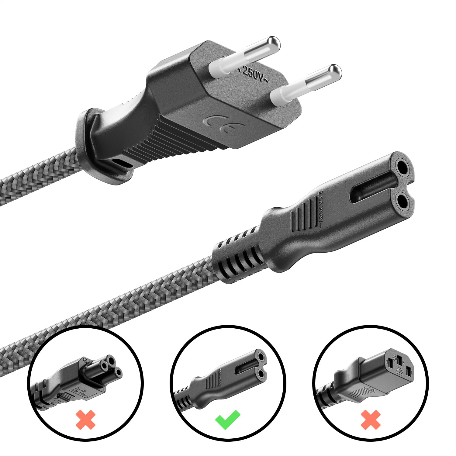 deleyCON 3,0m Cable de Alimentación Eléctrico Enchufe Euro Tipo C a C7 (Nylon) Conector Plano 2,5A para Toma C8 TV Soundbar PS4 PS5 Adaptadores Pequeños Electrodomésticos etc. - Gris - 4