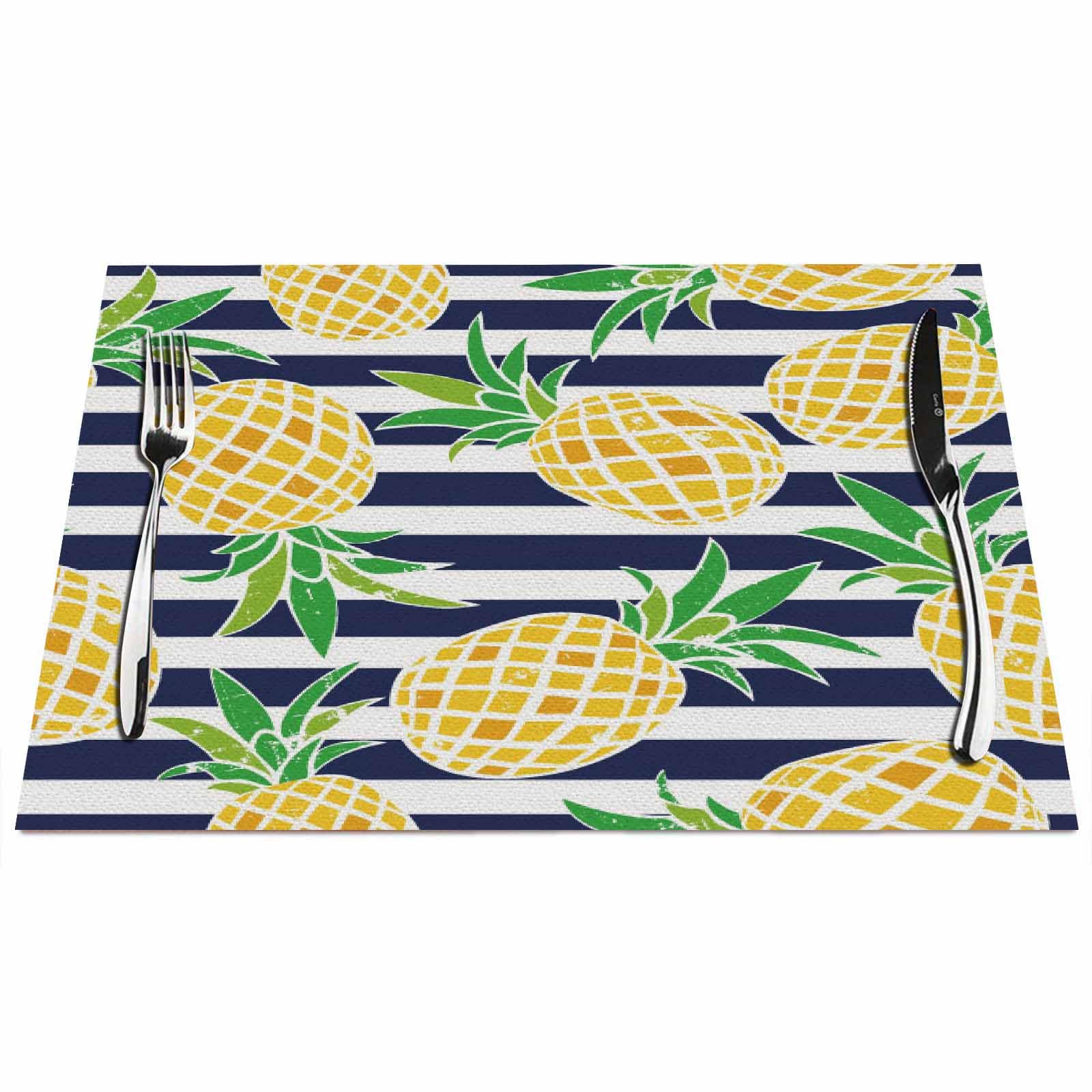 Walmsco Placemats Pineapple Blue Navy Background Decor For Dining Room Kitchen Table,Waterproof Non-Slip Washable Heat Resistant Placemats,Set of 4,12"x18"