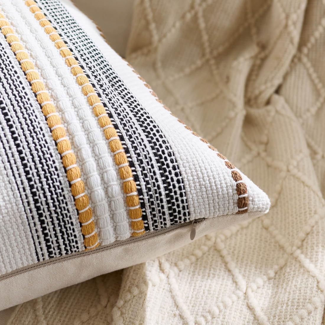 Set of 2 Decorative Woven Knitted Striped Throw Pillow Cover 18x18 Inch - Soft Textured Neutral Boho Pillow Case for Sofa Couch Bedroom Living Room Decor (White, Yellow, Black)