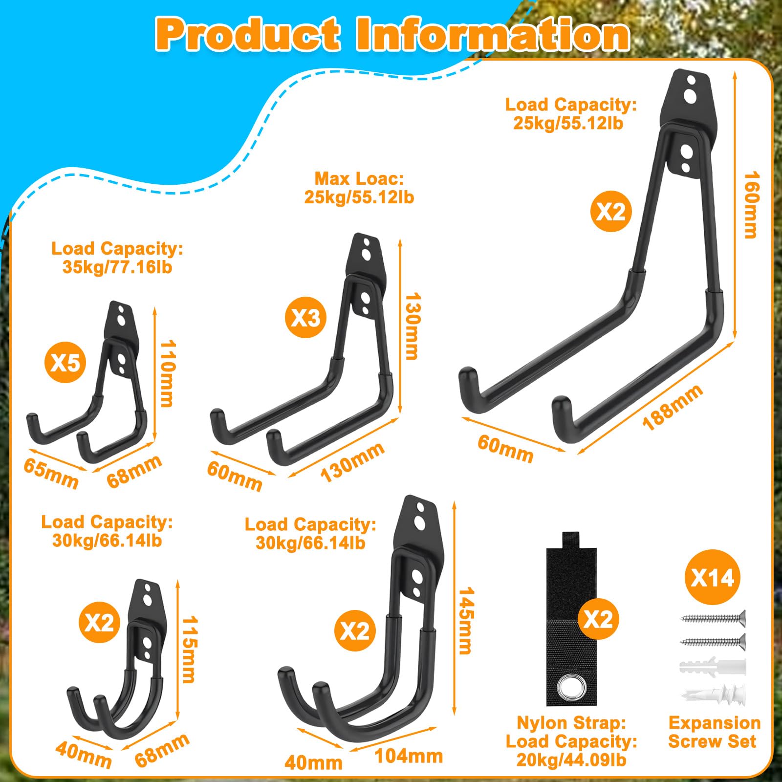Set di ganci da 16 pezzi, ganci da parete con rivestimento antiscivolo per carichi pesanti per riporre utensili elettrici, attrezzi da giardino, scale, tubi flessibili