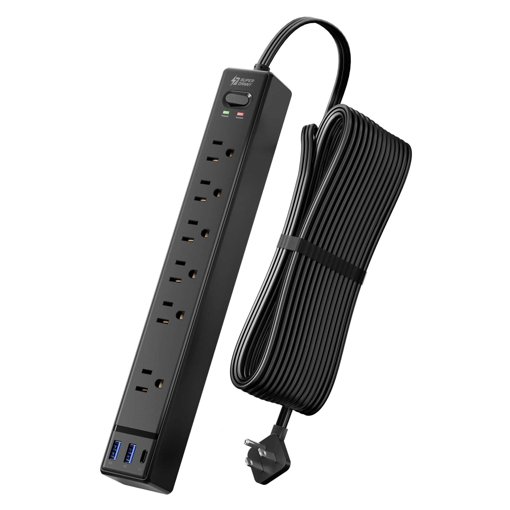 15Ft Long Extension Cord, SUPERDANNY Flat Plug Surge Protector Power Strip, 6 Outlets & 3 USB Ports, Desk Charging Station for Home Office, College Dorm Room Essentials
