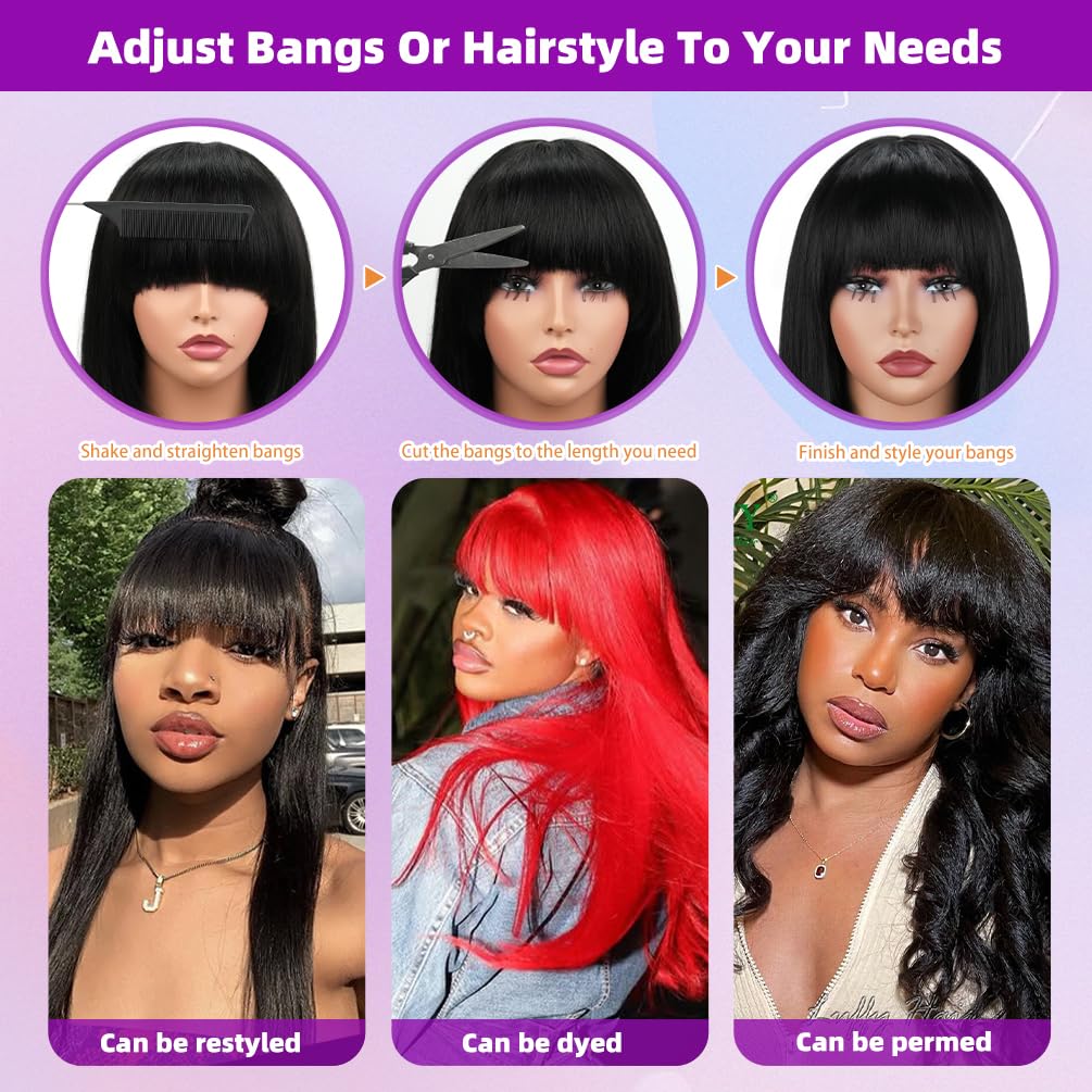 magichouse Bob Human Hair Wigs with Bangs 180% Density None Lace Front Wigs Brazilian Glueless Wear and Go Short Straight Human Hair Bob Wig with Bangs for Black Women Natural Black 12Inch - Image 3