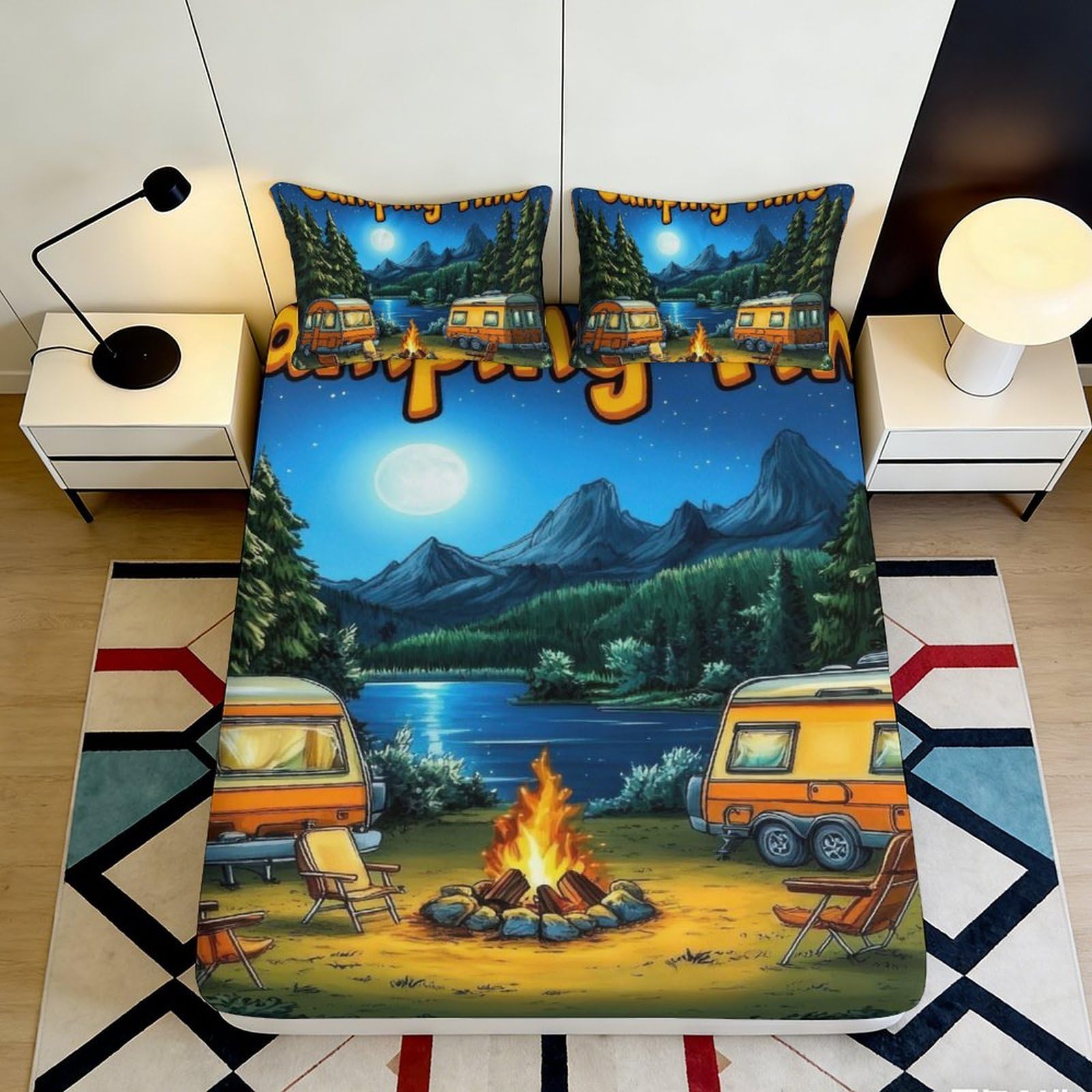 3D Printed Camping Landscape Fitted Sheet Microfiber Scenic Camper Bed Cover Fire for Bedroom Guest Room Decor 90x200x25cm