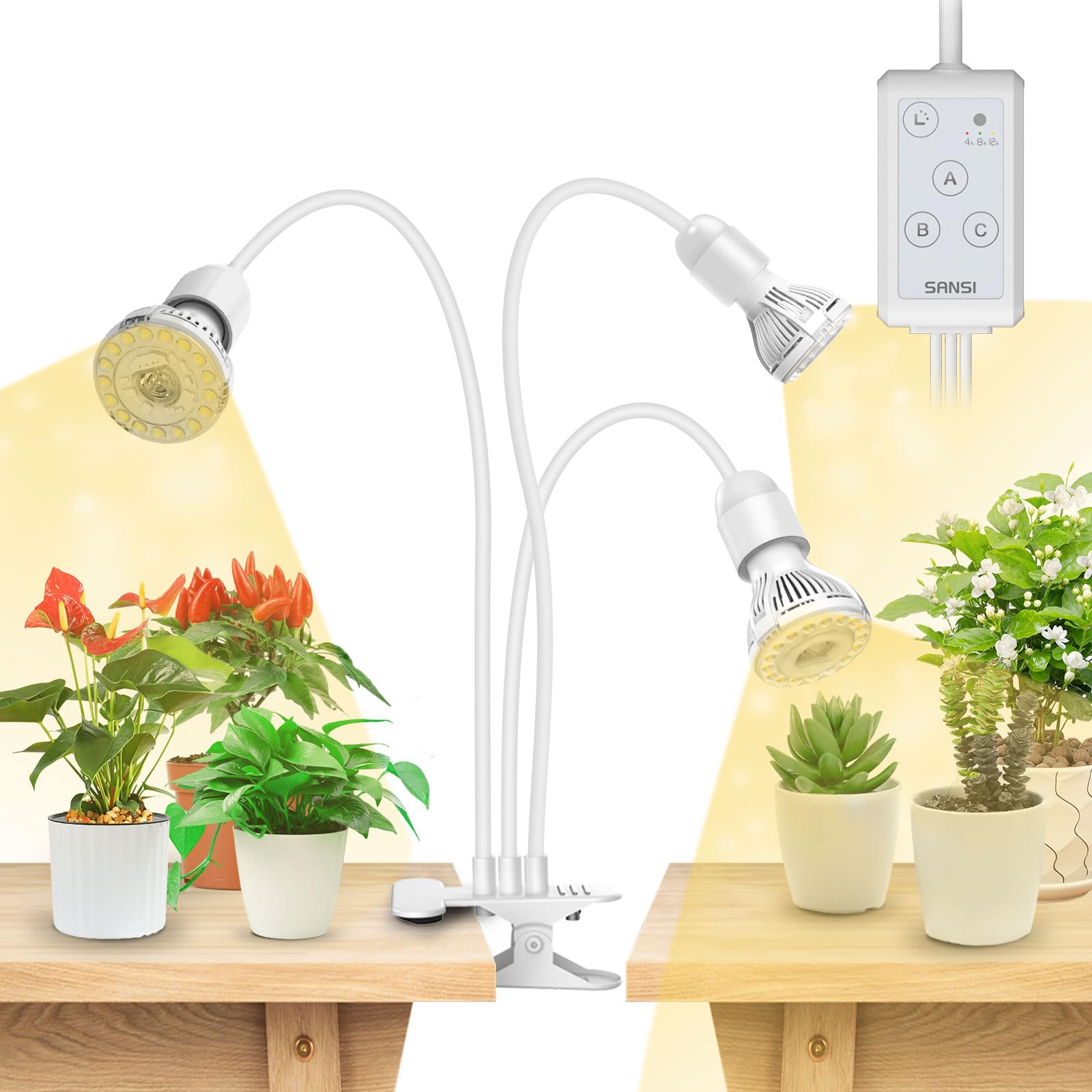Sansi White 450W Led Grow Lights, 3-Head Full Spectrum Led Plant Lamp With Clip, 4000K Sunlike, Timer 4/8/12 Hrs For Indoor Seedlings Germination (Lifetime Free Bulb Replacements)