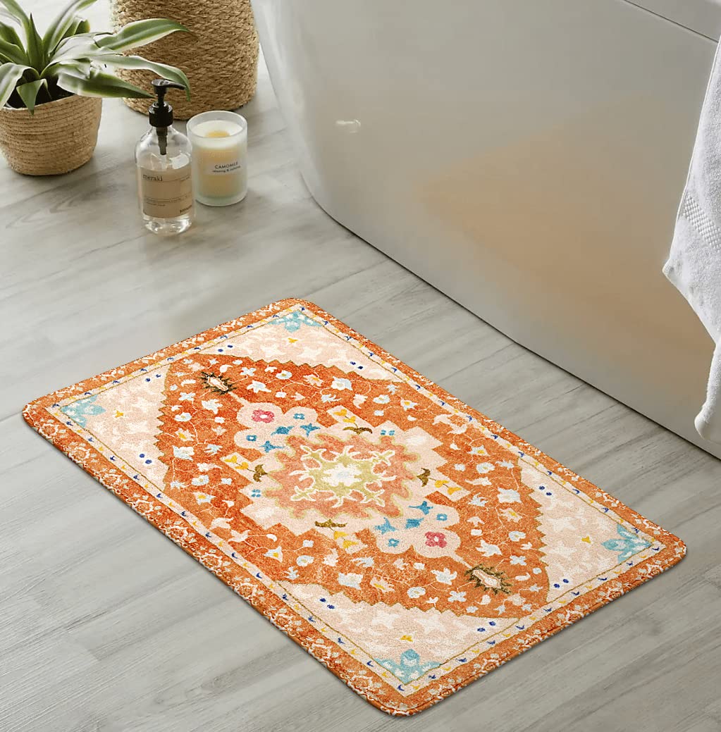 Alfombras de baño tribales bohemias, color naranja, bonito tapete de baño floral, antideslizante, lavable a máquina, alfombra pequeña, suave, oriental para decoración de baño, para fregadero, 6