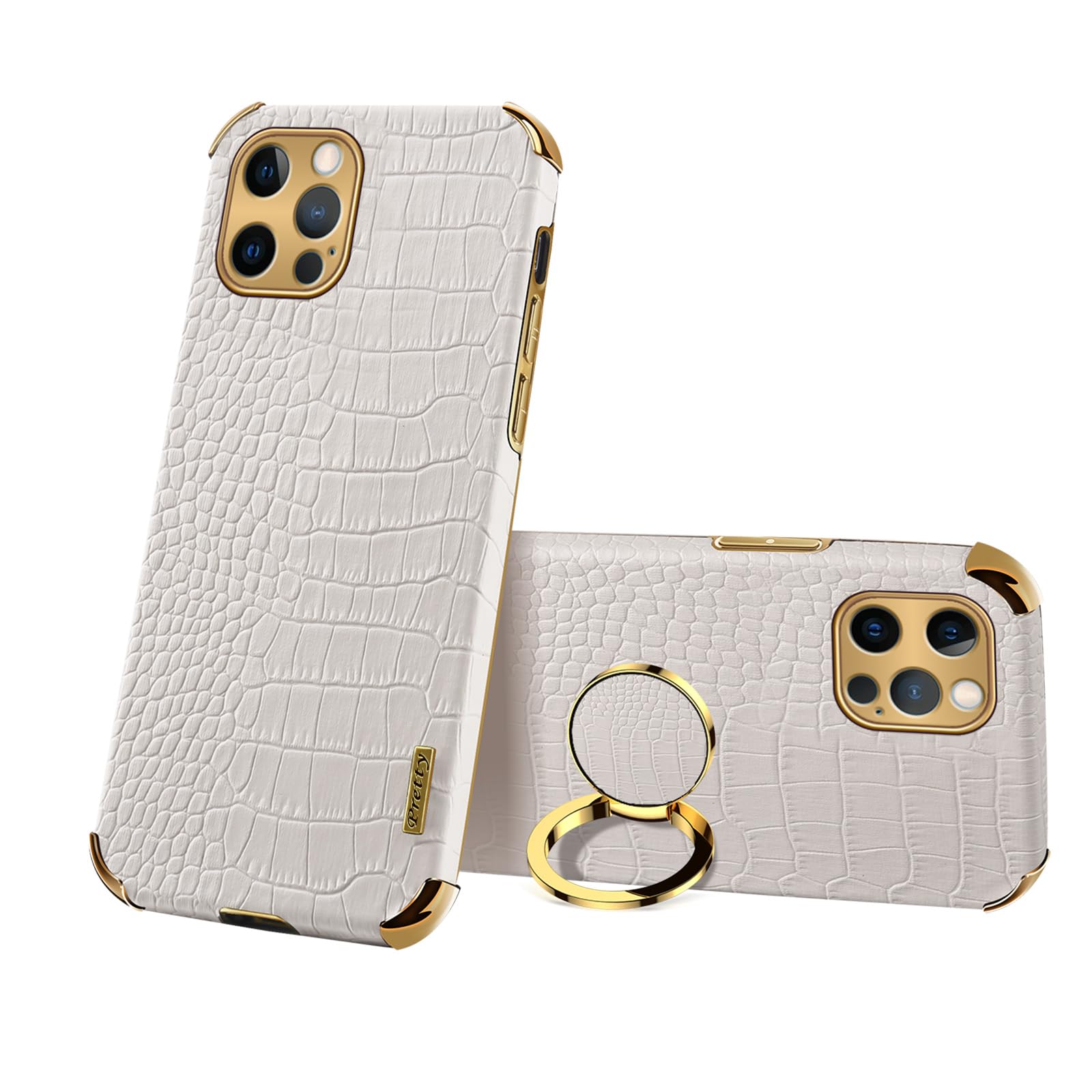aowner for iPhone 16 Pro Case with 360°Ring Holder Luxury Crocodile Pattern Leather Cover Gold Bumper Shockproof Slim Kickstand Women Men Slim Leather