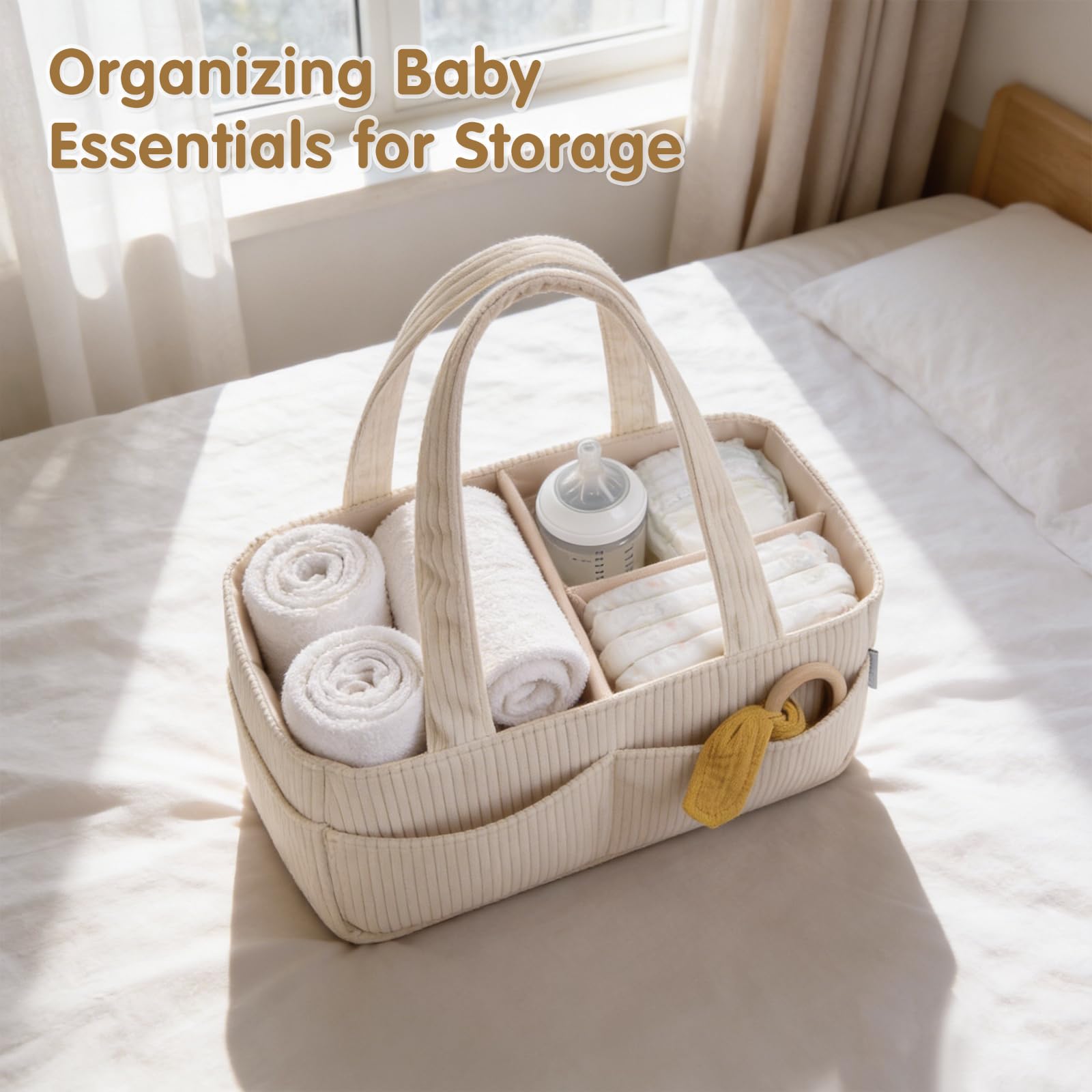 Panier de Rangement Bébé, Organiseur de Couches pour Table à Langer Bebe, Panier Portable de Rangement pour Couches et Lingettes pour Bébé, Cadeau pour Fête Prénatale et Naissance (Beige)